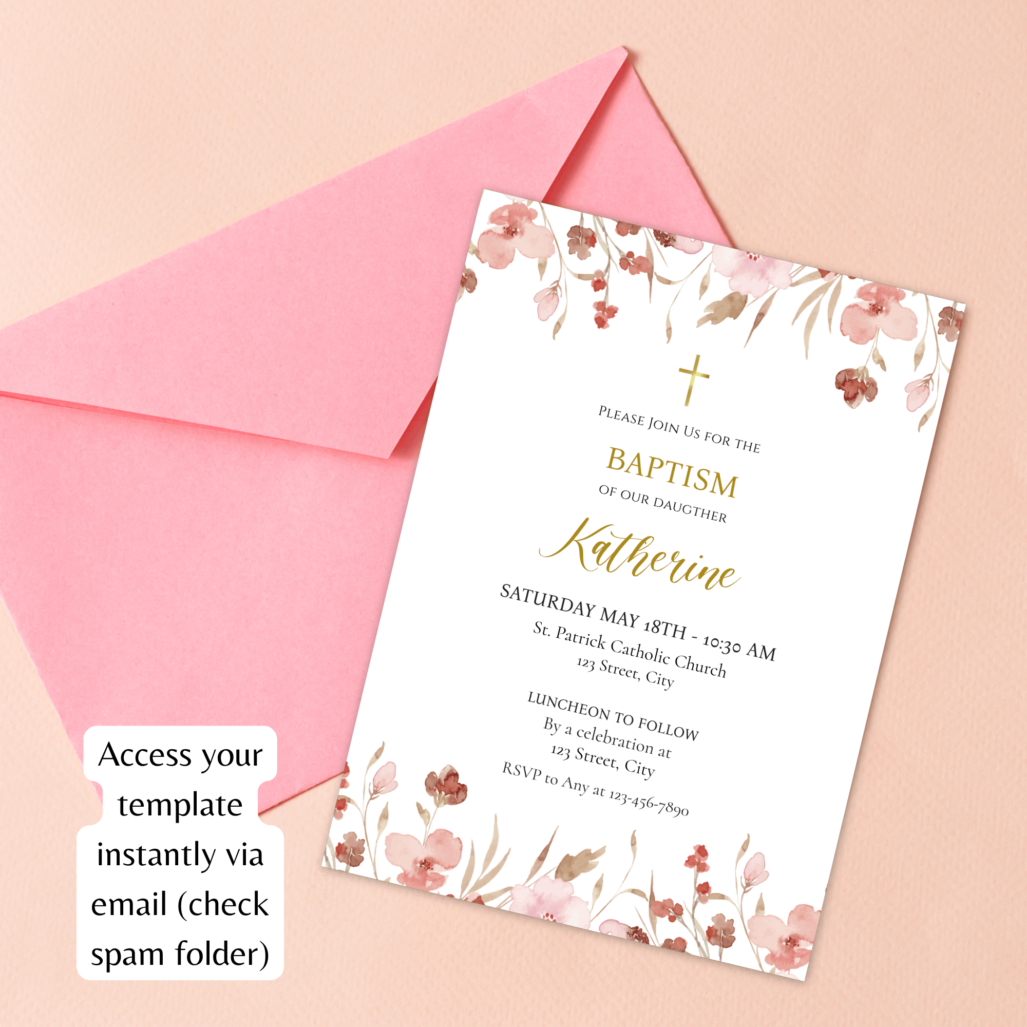 Girl Baptism Invitation | Pink Floral | Editable Corjl Template | Printable Christening Invite | Instant Download