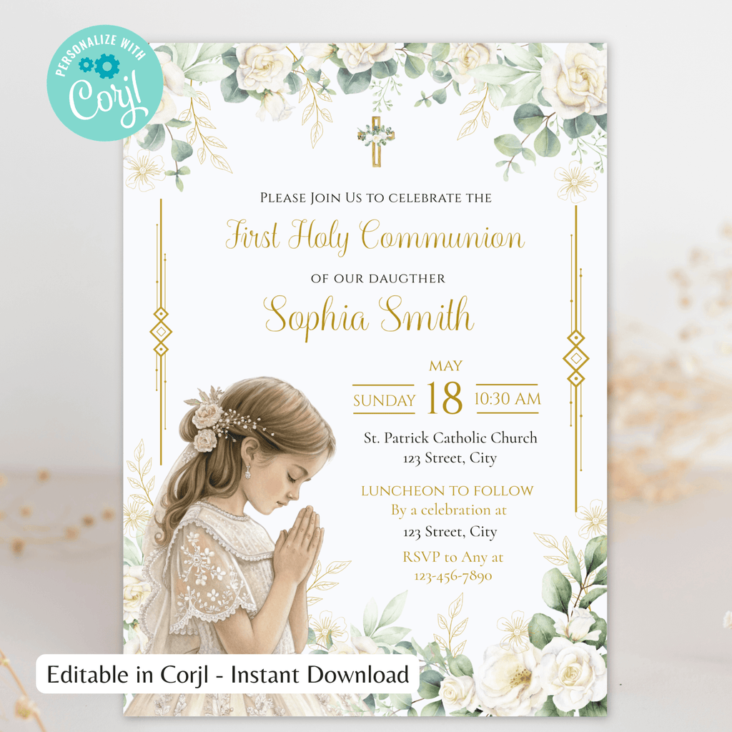 Première Communion, Modèle d'invitation, Invitation Première Communion Fille, Invitation Première Communion Fille Modifiable, Téléchargement Instantané