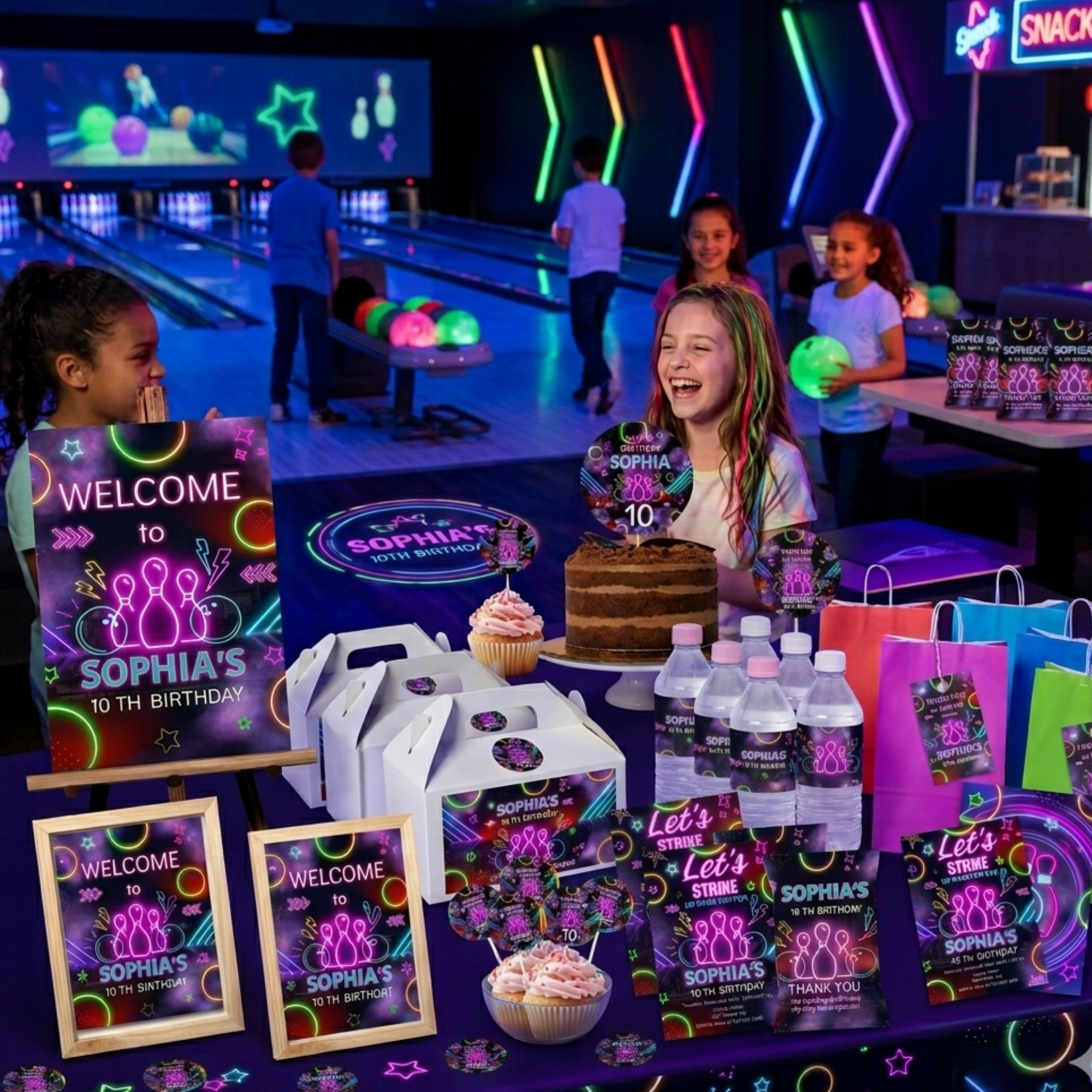 Bowling Birthday Party Bundle | Glow Neon Party Kit | 10 Pieces | Editable Corjl Template | Instant Download