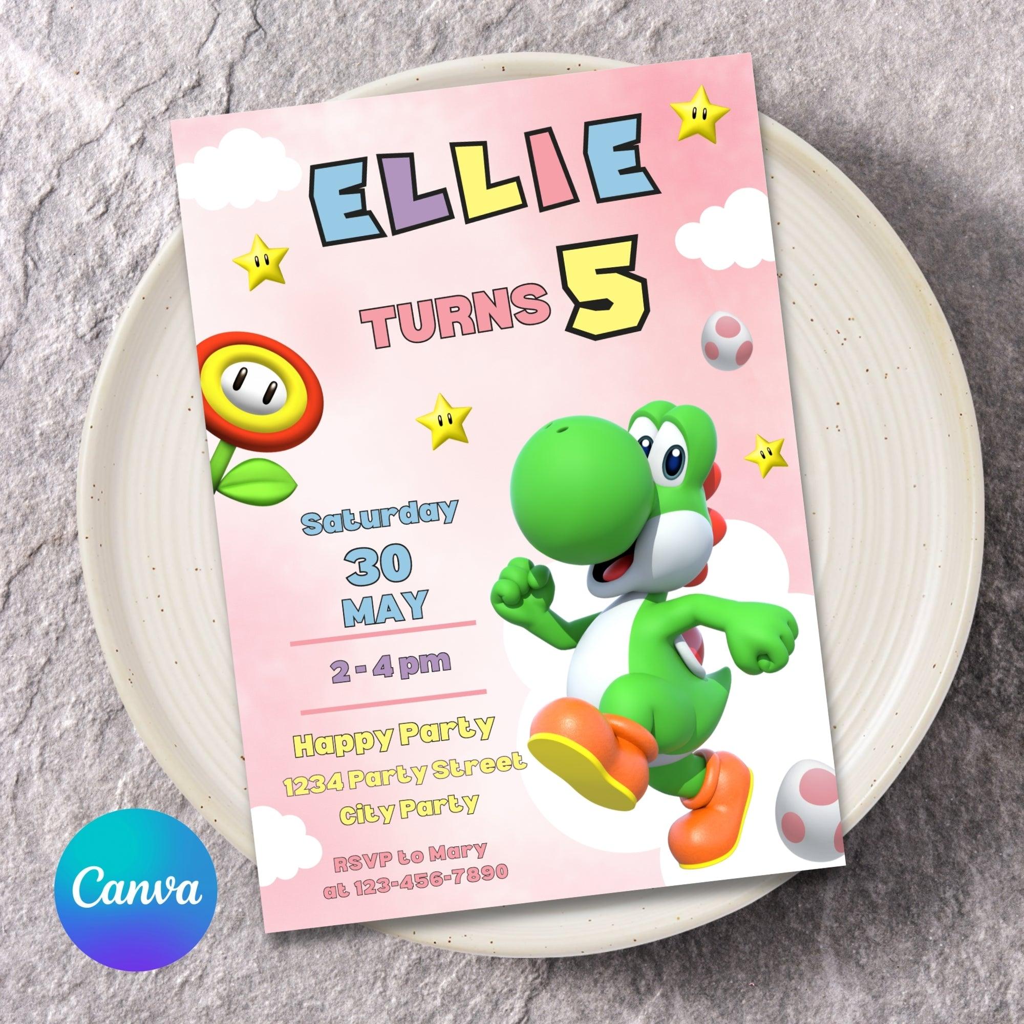 Yoshi Birthday Invitation | Pink & Green Yoshi | 2 Designs | Editable Canva Template | Instant Download