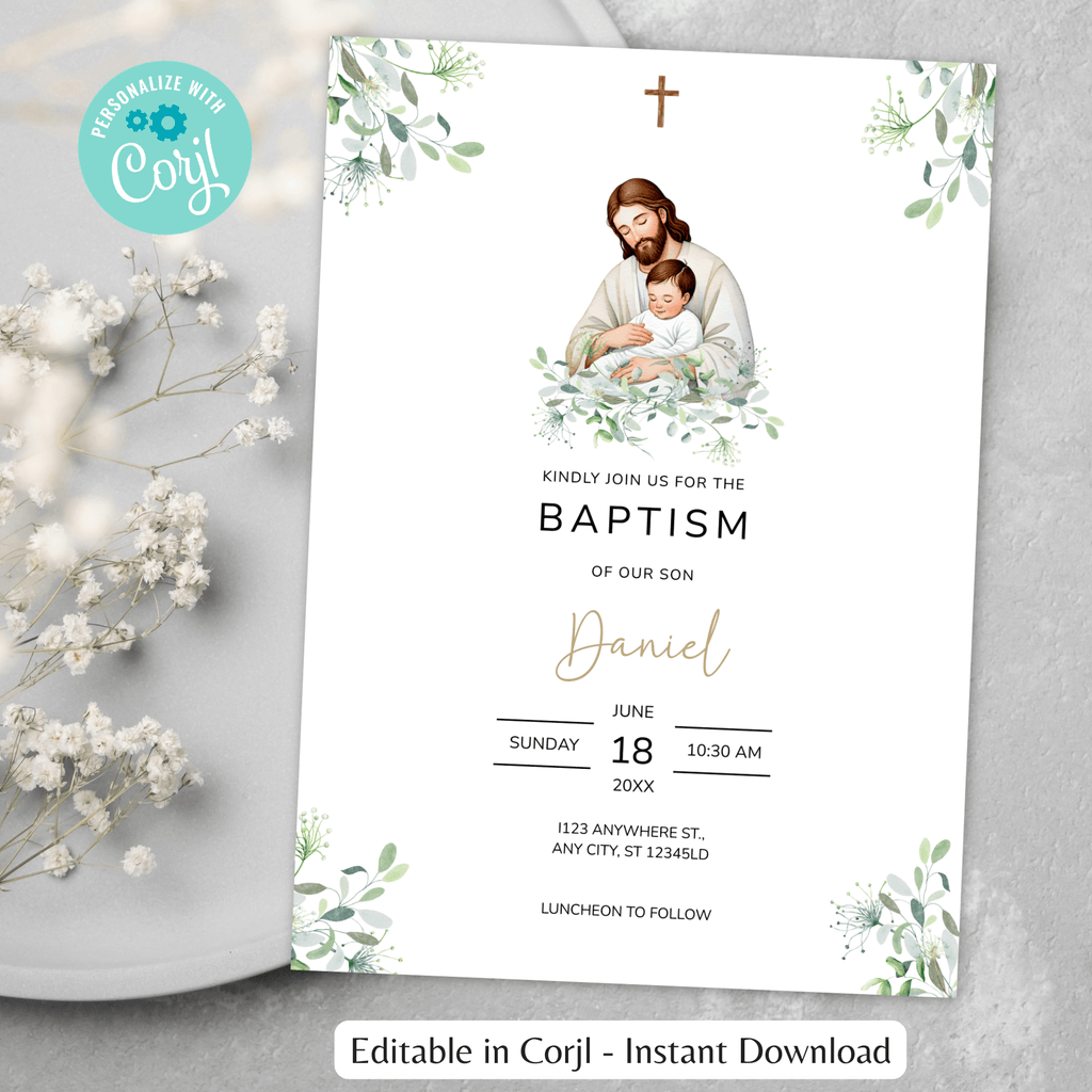 Jesus and Baby Baptism Invitation Instant download Digital Template