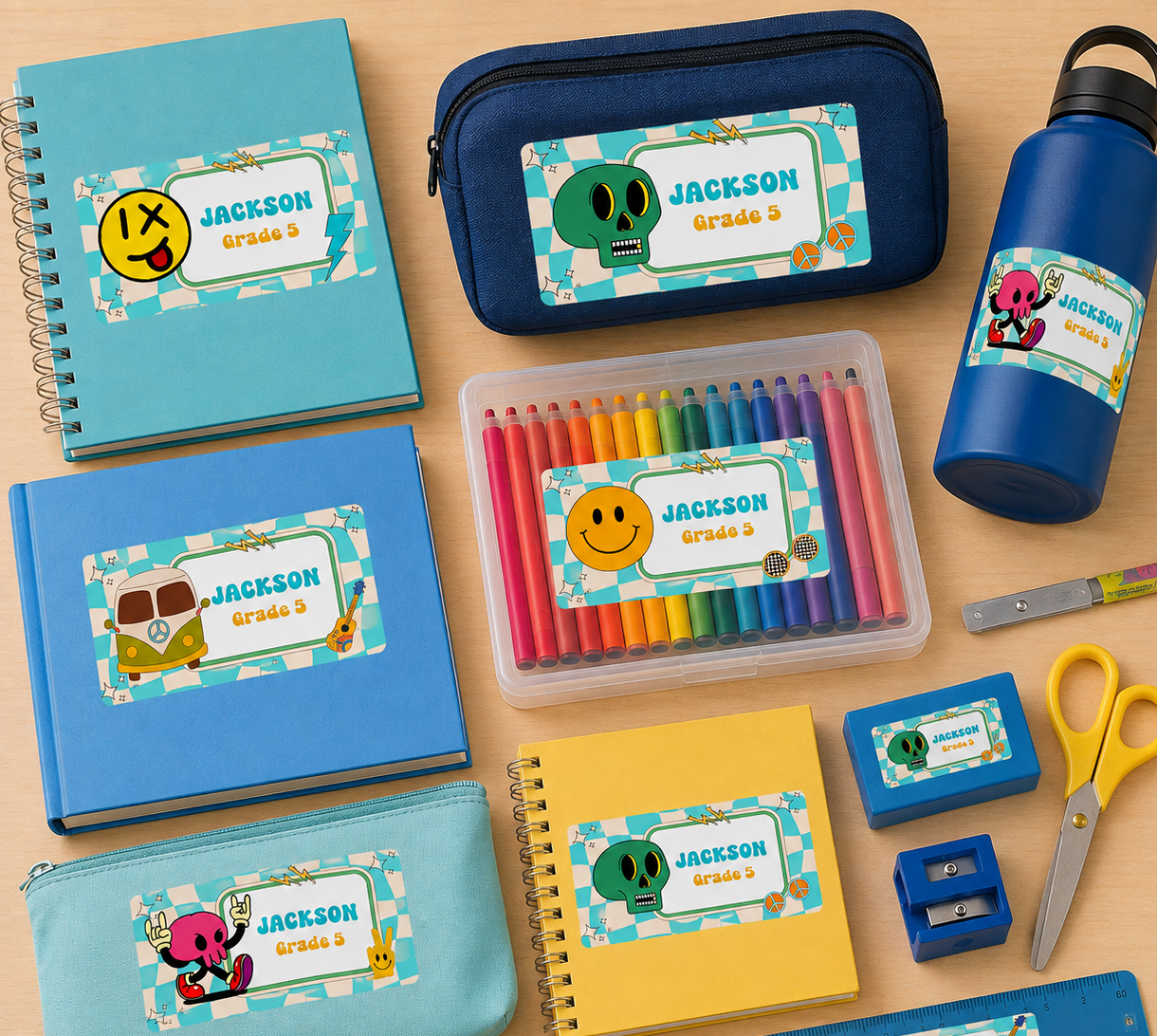 Groovy School Name Labels | Kids Colorful Supply Stickers | Editable Corjl Template | Instant Download