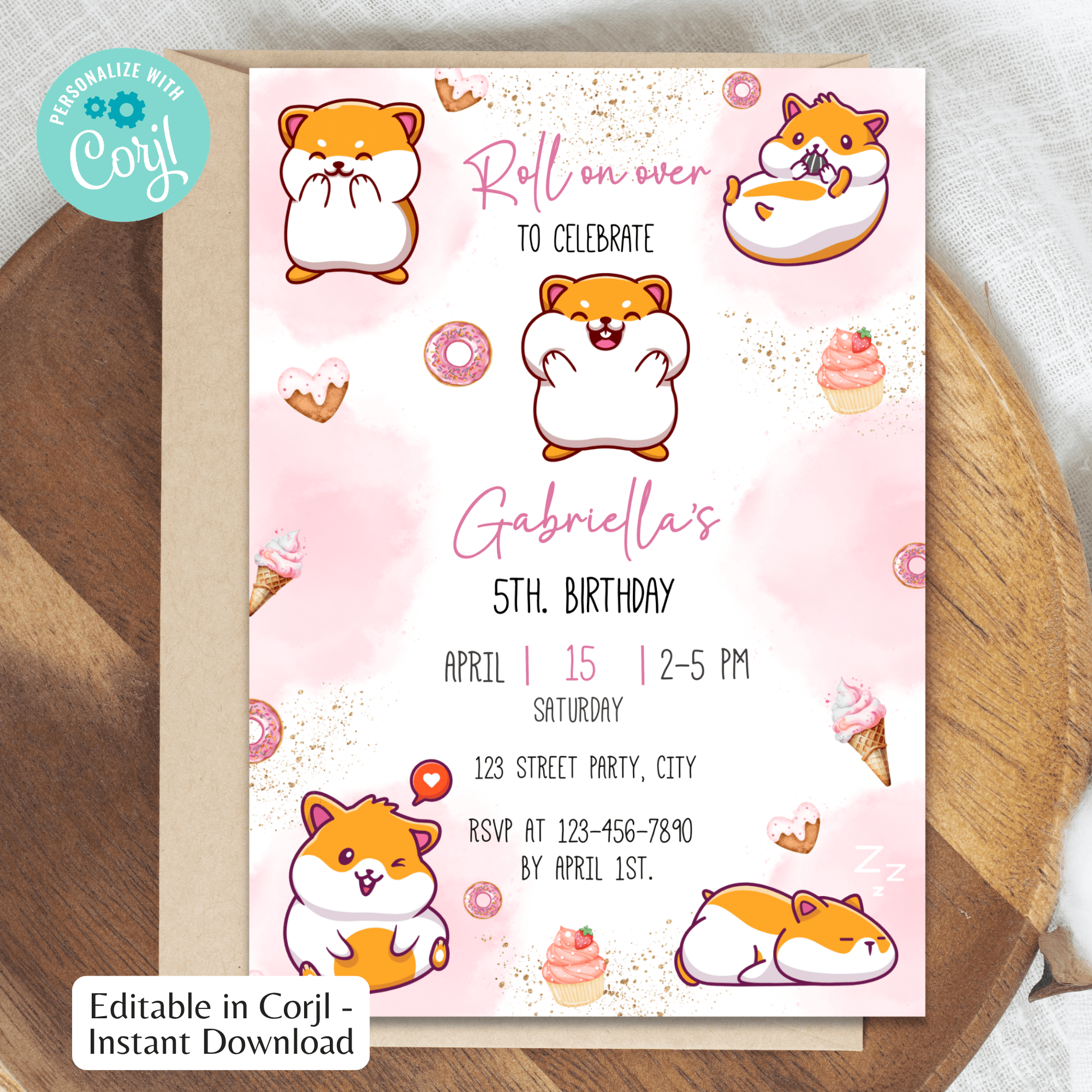 Hamster Birthday Invitation Editable Template. Instant Download