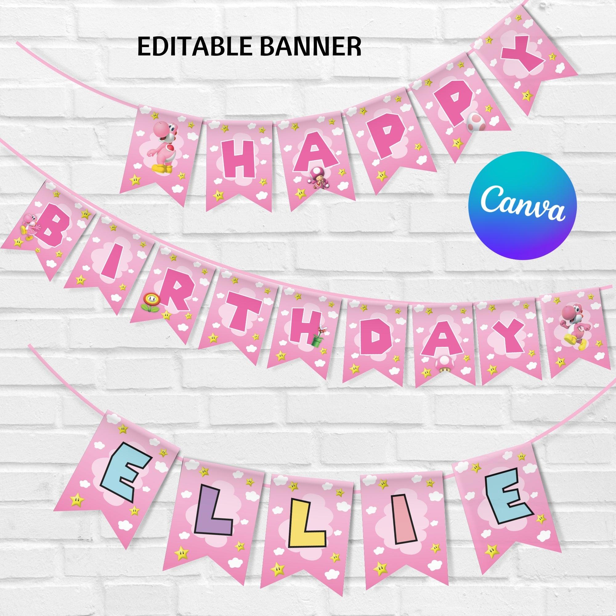 Pink Yoshi Birthday Banner Editable Template – Super Mario Party Banner – Canva Instant Download Printable