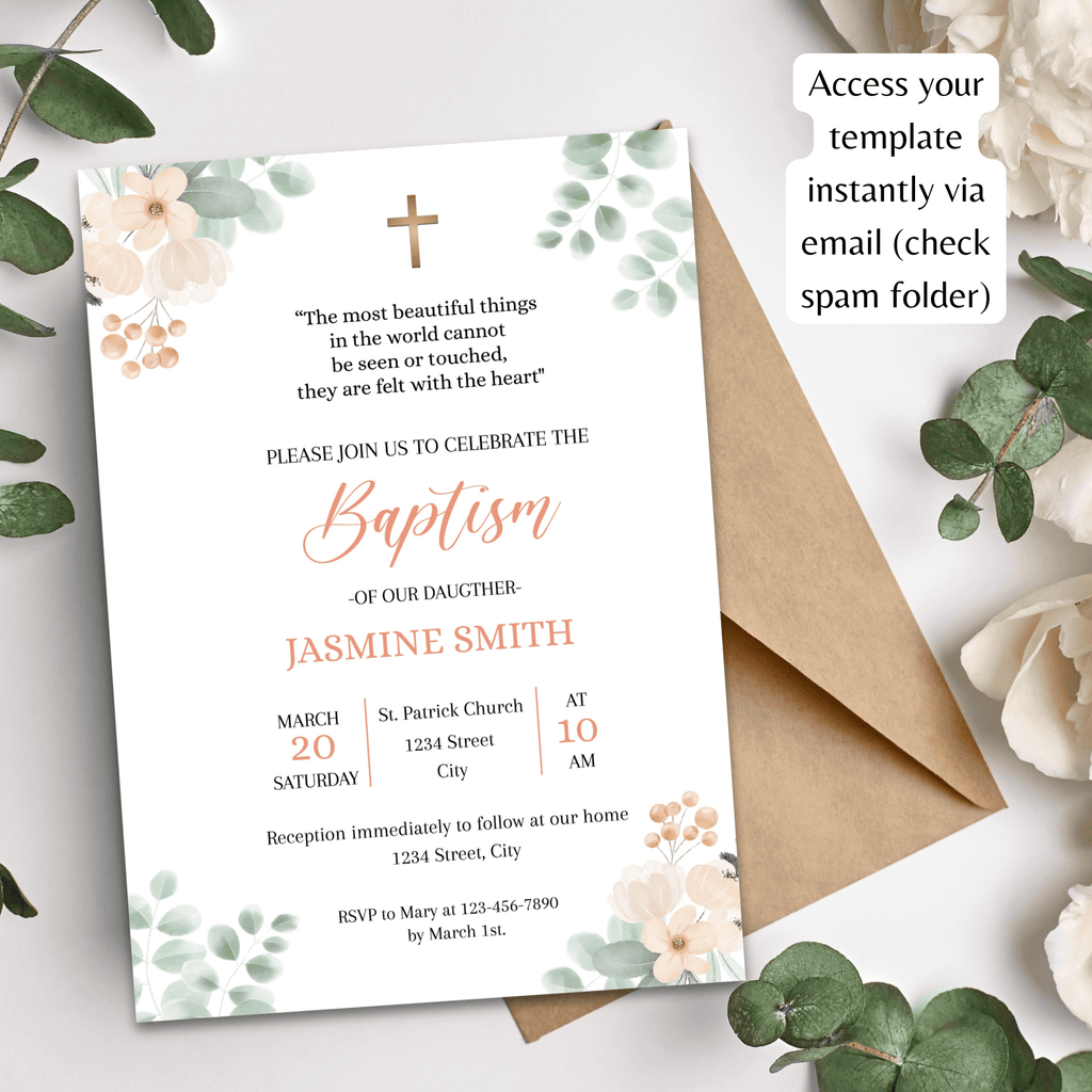 Baptism Invitation Girl Editable Template - Salmon Flowers & Green Leaves Design