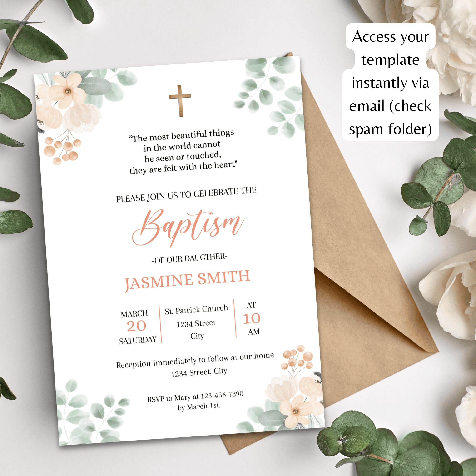 Baptism Invitation Girl Editable Template - Salmon Flowers & Green Leaves Design