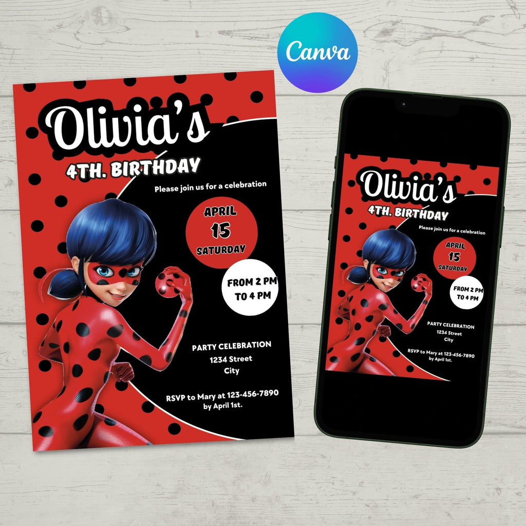 Miraculous Ladybug Birthday Invitation Editable Template - Ladybug Party Invite Digital Download