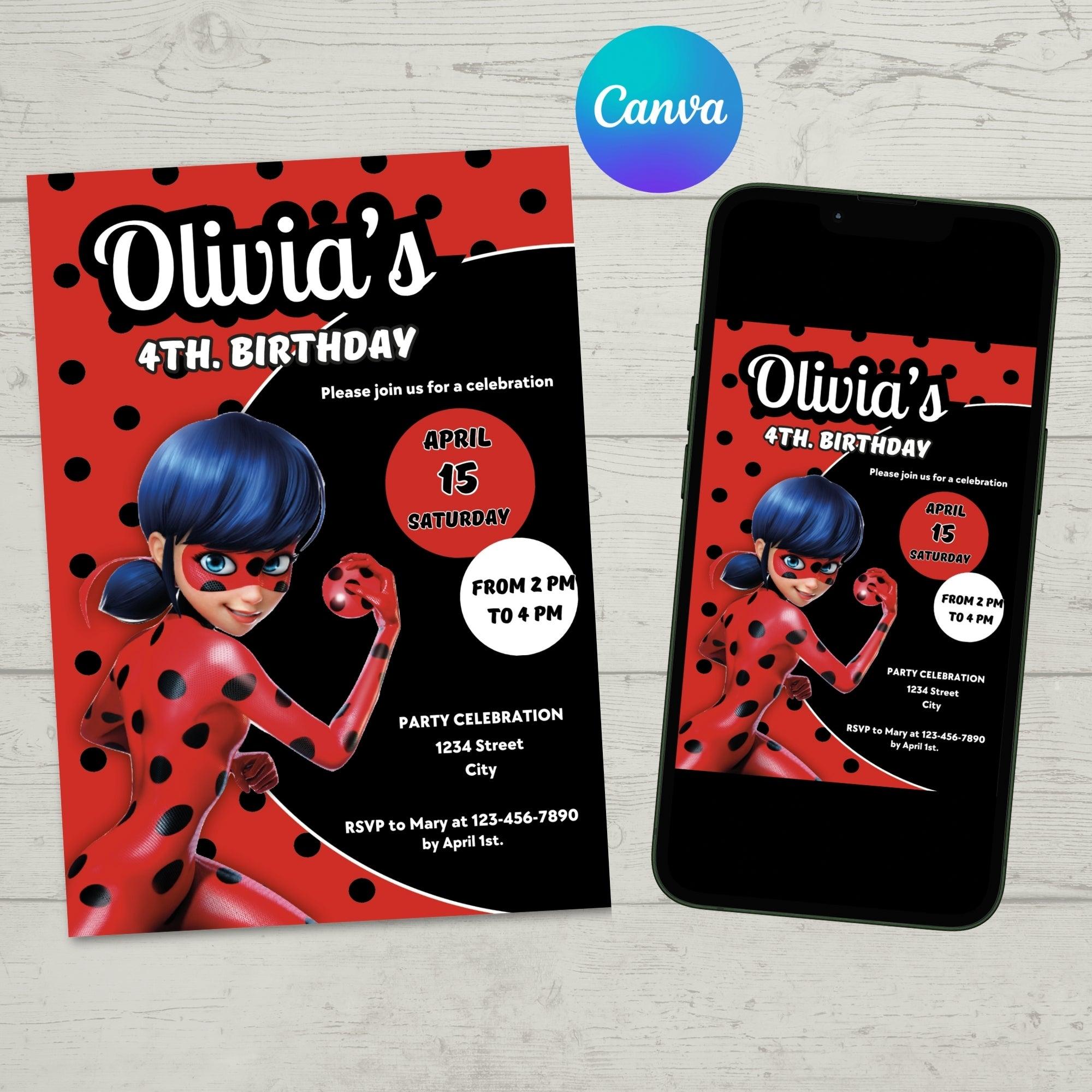 Miraculous Ladybug Birthday Invitation Editable Template - Ladybug Party Invite Digital Download