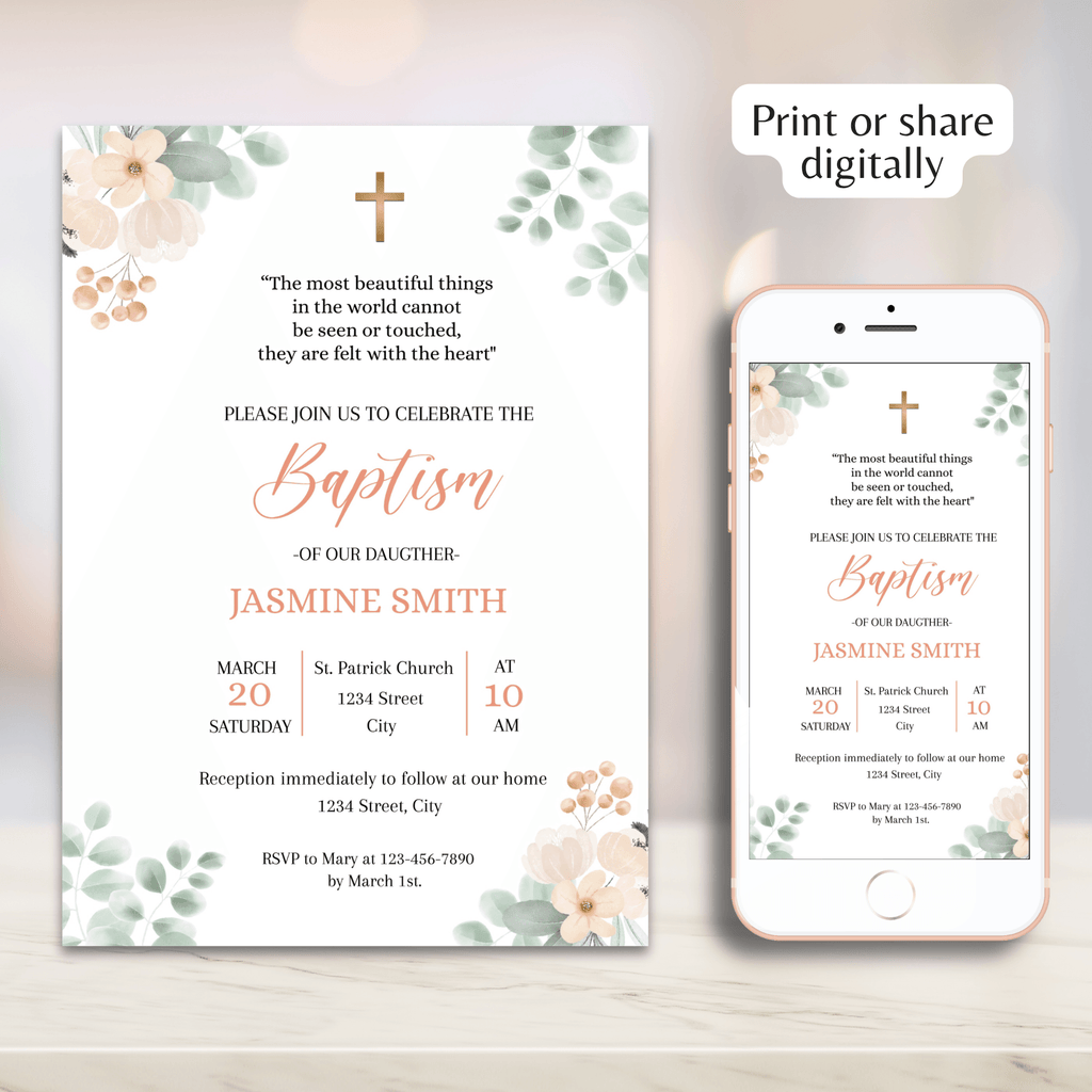 Baptism Invitation Girl Editable Template - Salmon Flowers & Green Leaves Design