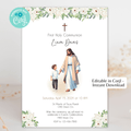 Plantilla editable para invitación de Primera Comunión de niño - Diseño de cruz de acuarela