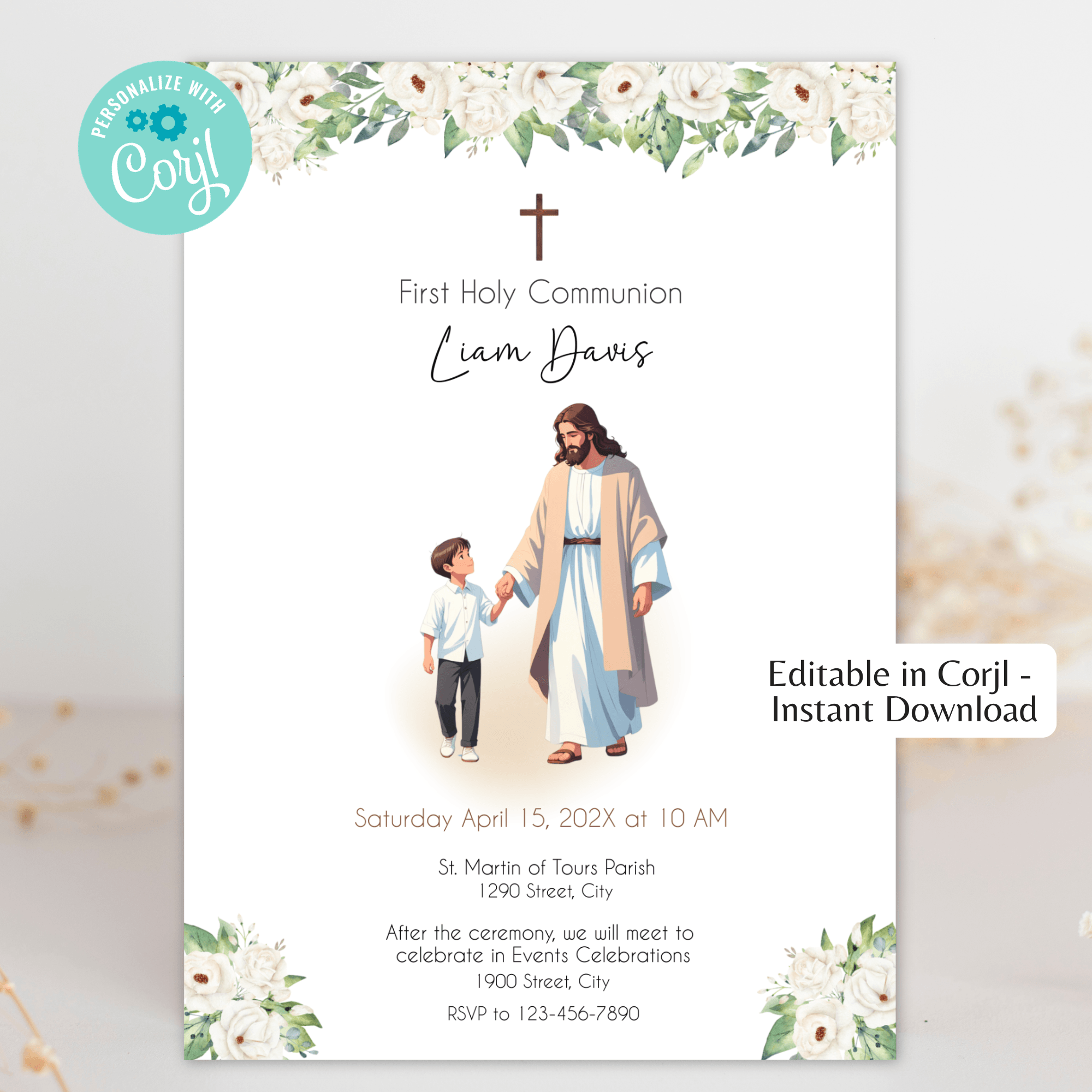 First Holy Communion Invitation Boy Editable Template - Watercolor Cross Design