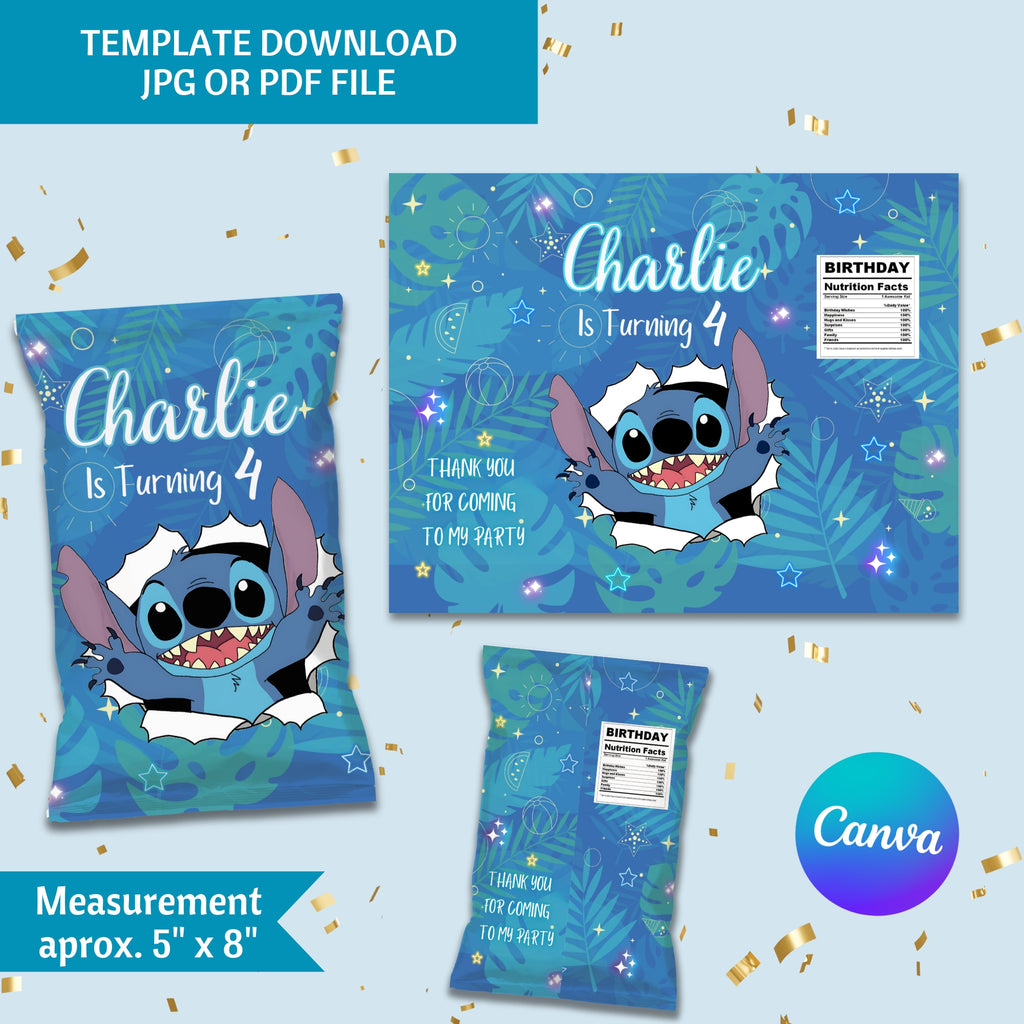 Stitch Birthday Party Pack | Invitation, Welcome Sign & Chip Bag | 3 Pieces | Editable Canva Template | Instant Download