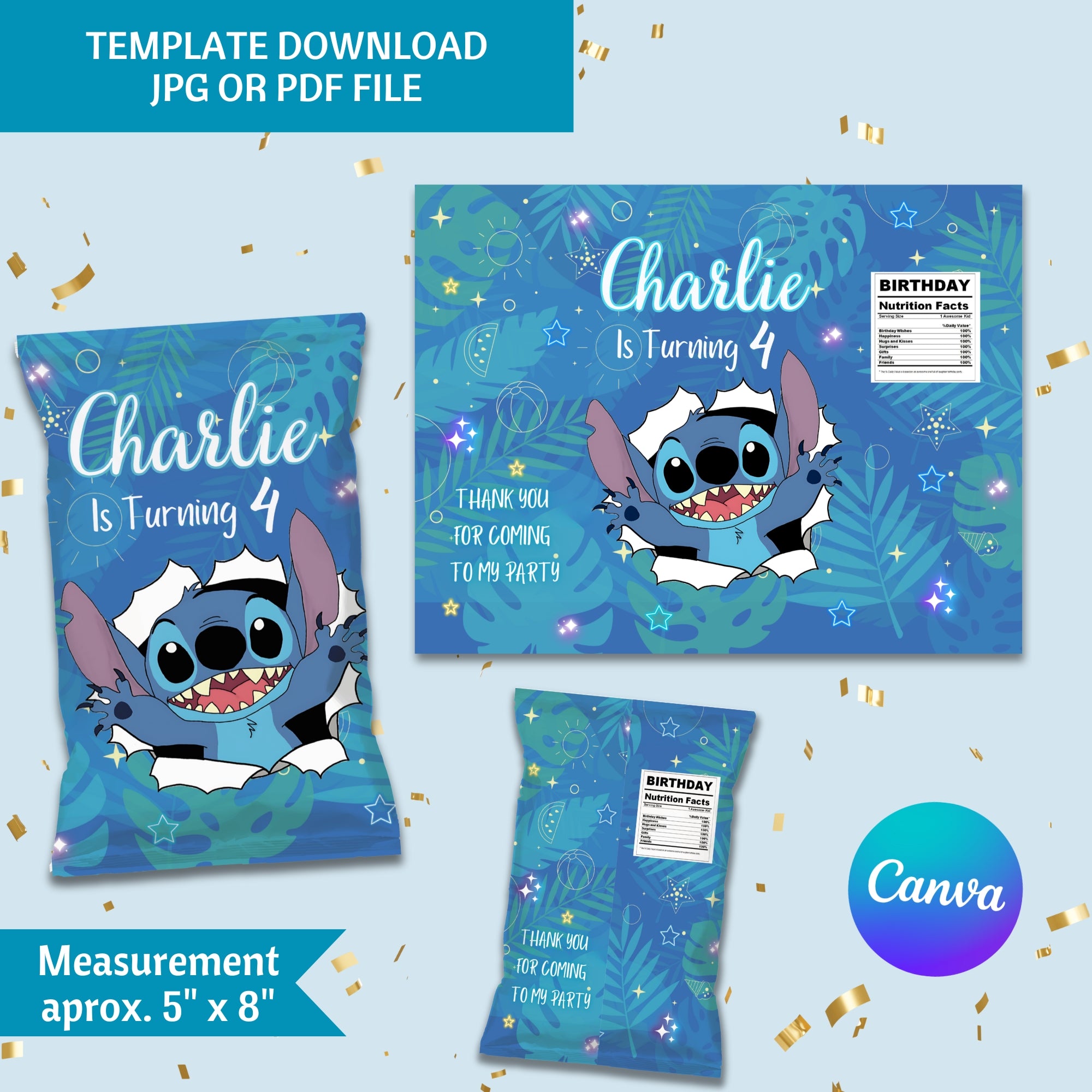 Stitch Birthday Party Pack | Invitation, Welcome Sign & Chip Bag | 3 Pieces | Editable Canva Template | Instant Download
