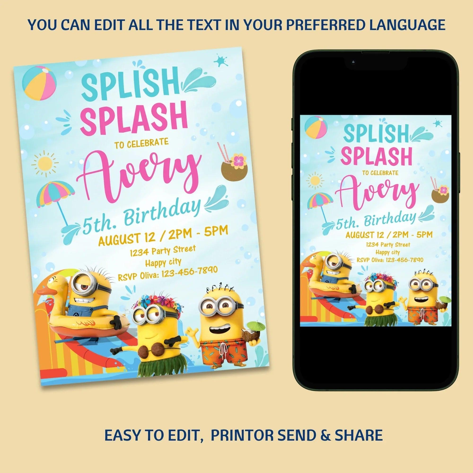 Minions Pool Party Birthday Invitation - Instant Download Digital Template - Lovely Printable Party
