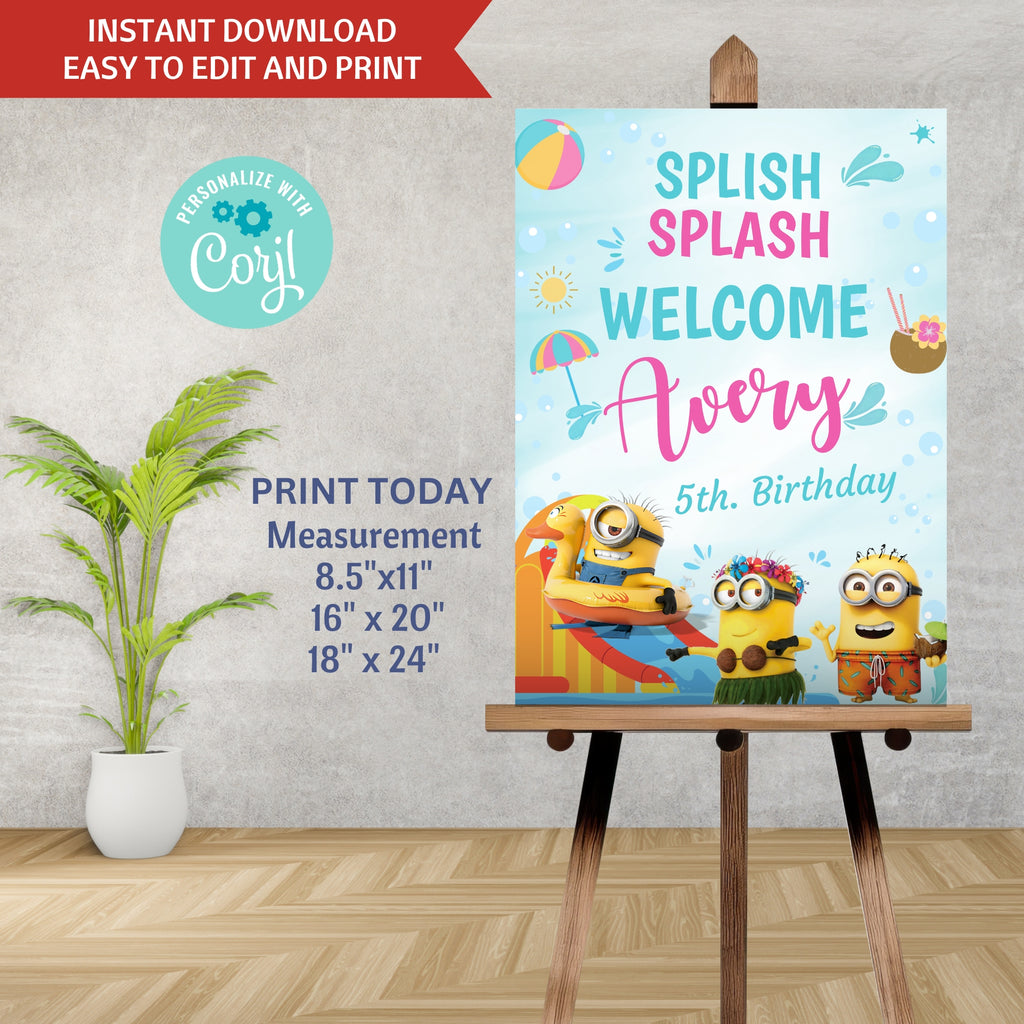 Minions Pool Party Editable Party Pack — Invitation, Welcome Sign, Water Bottle Label & Chip Bag | Splish Splash Birthday