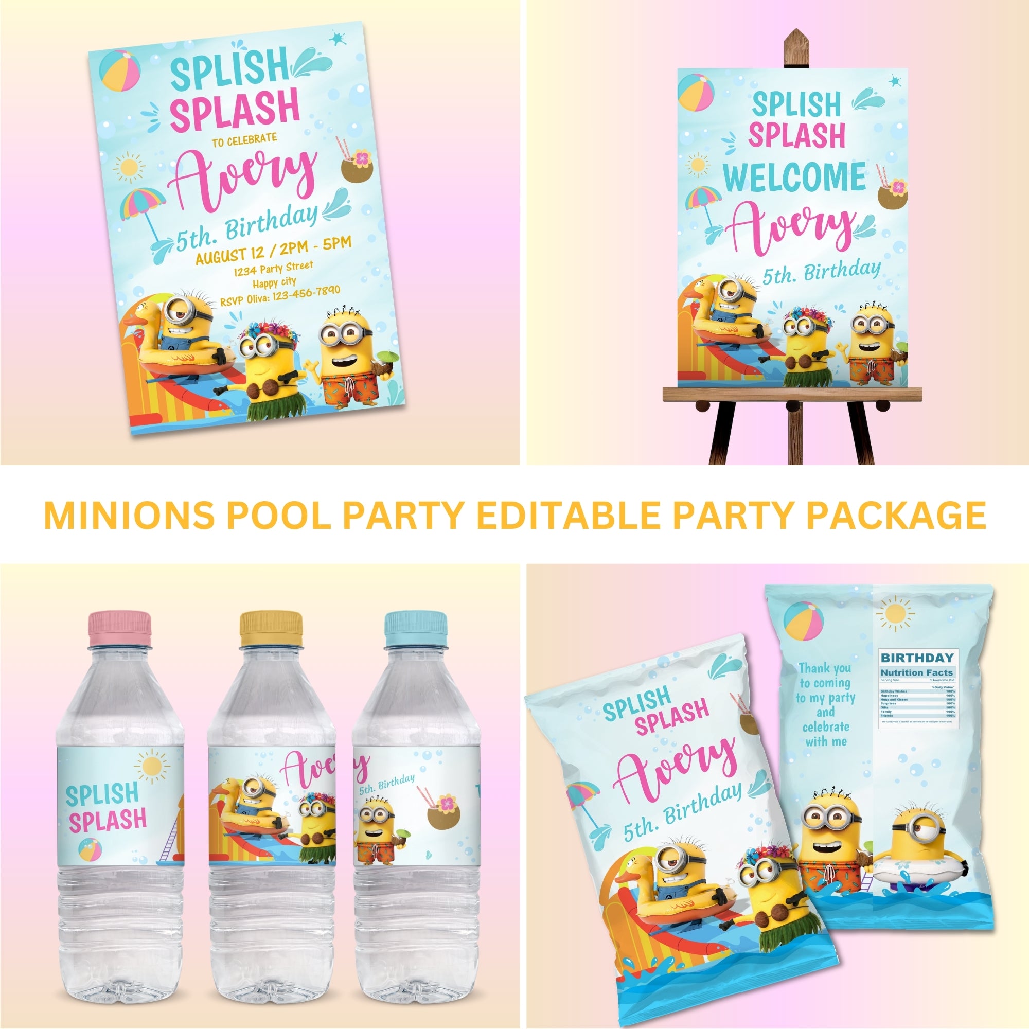 Minions Pool Party Editable Party Pack — Invitation, Welcome Sign, Water Bottle Label & Chip Bag | Splish Splash Birthday