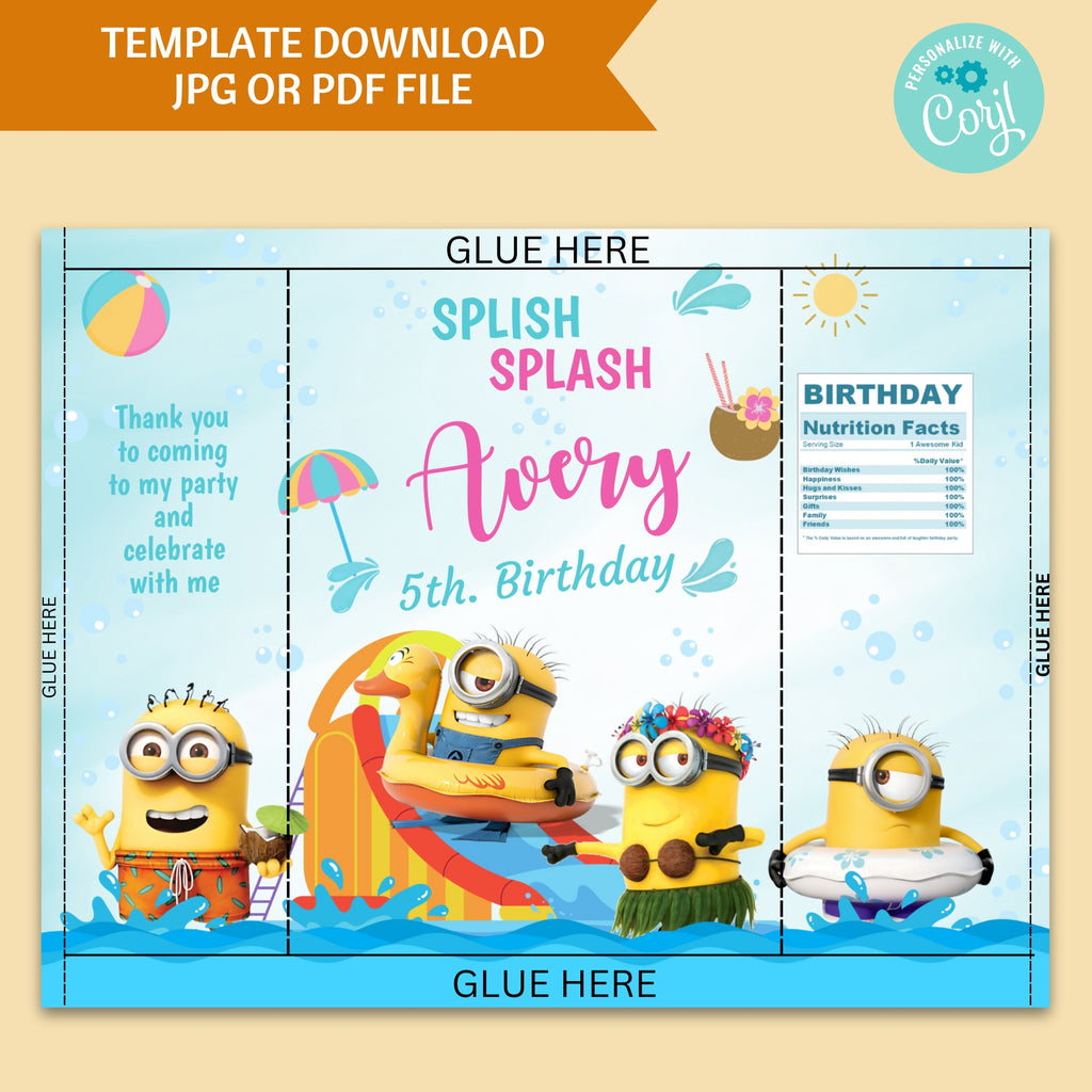Minions Pool Party Editable Chip Bag — Splish Splash Birthday Favor Bag | Corjl Template