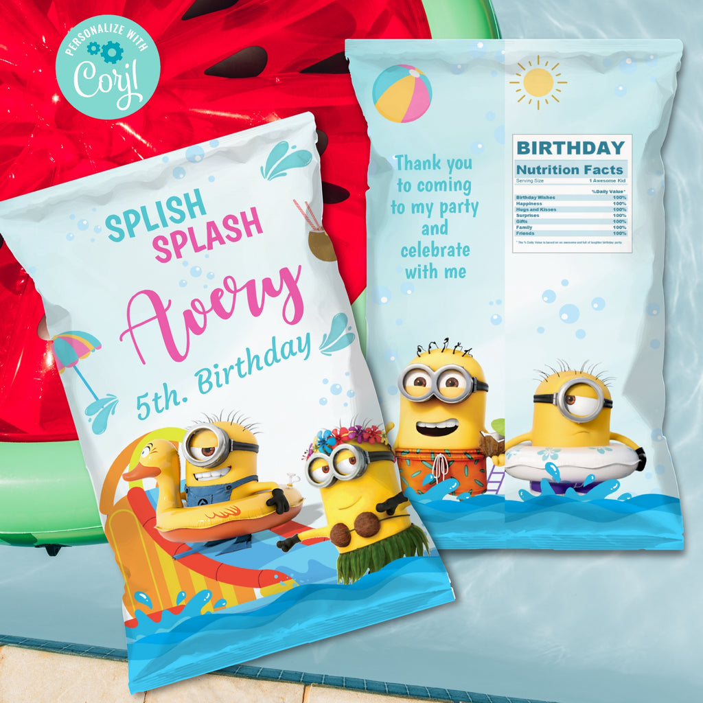 Minions Pool Party Editable Chip Bag — Splish Splash Birthday Favor Bag | Corjl Template