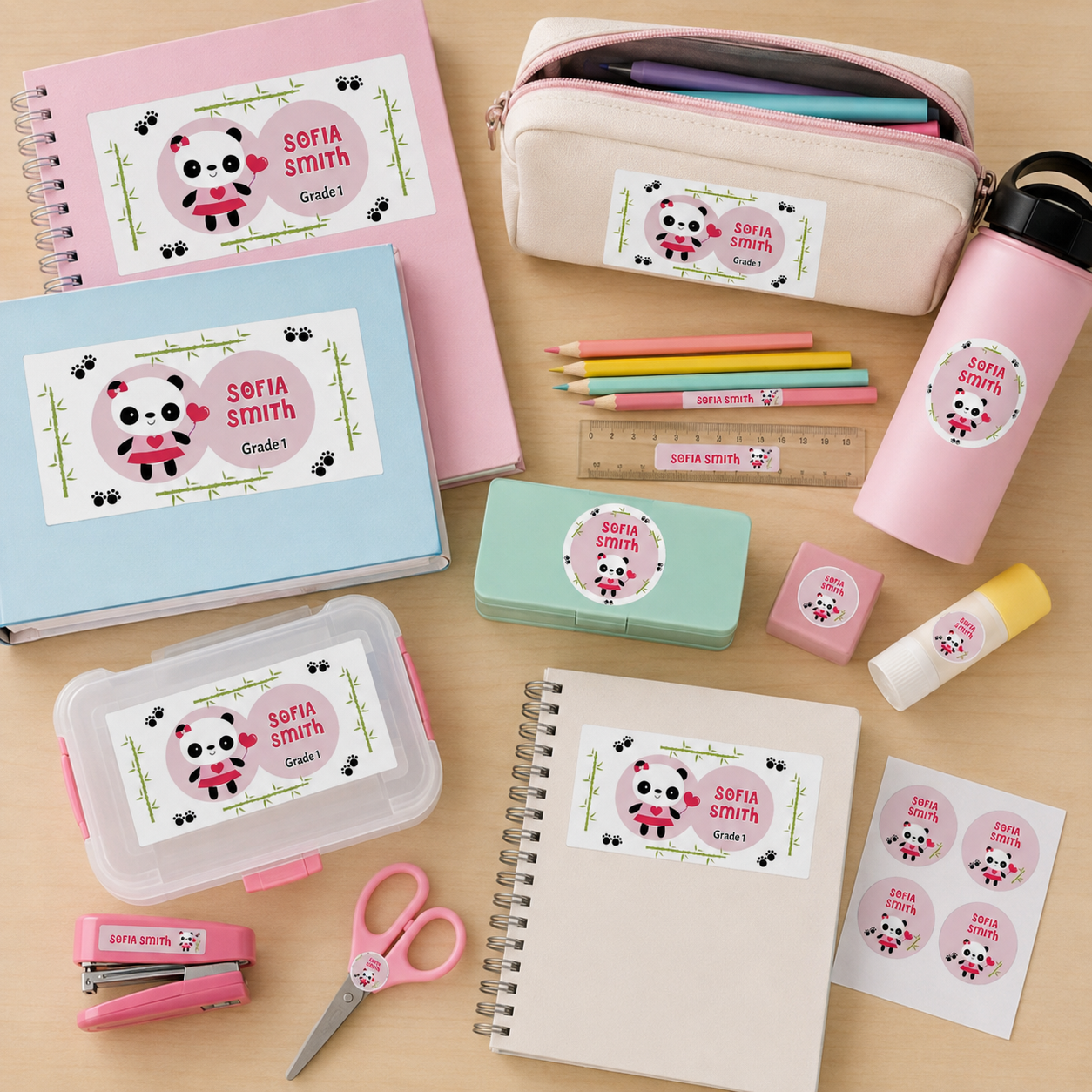 Panda School Name Labels | Complete Pack 5 Sizes | Kids Cute Supply Stickers | Editable Corjl Template | Instant Download