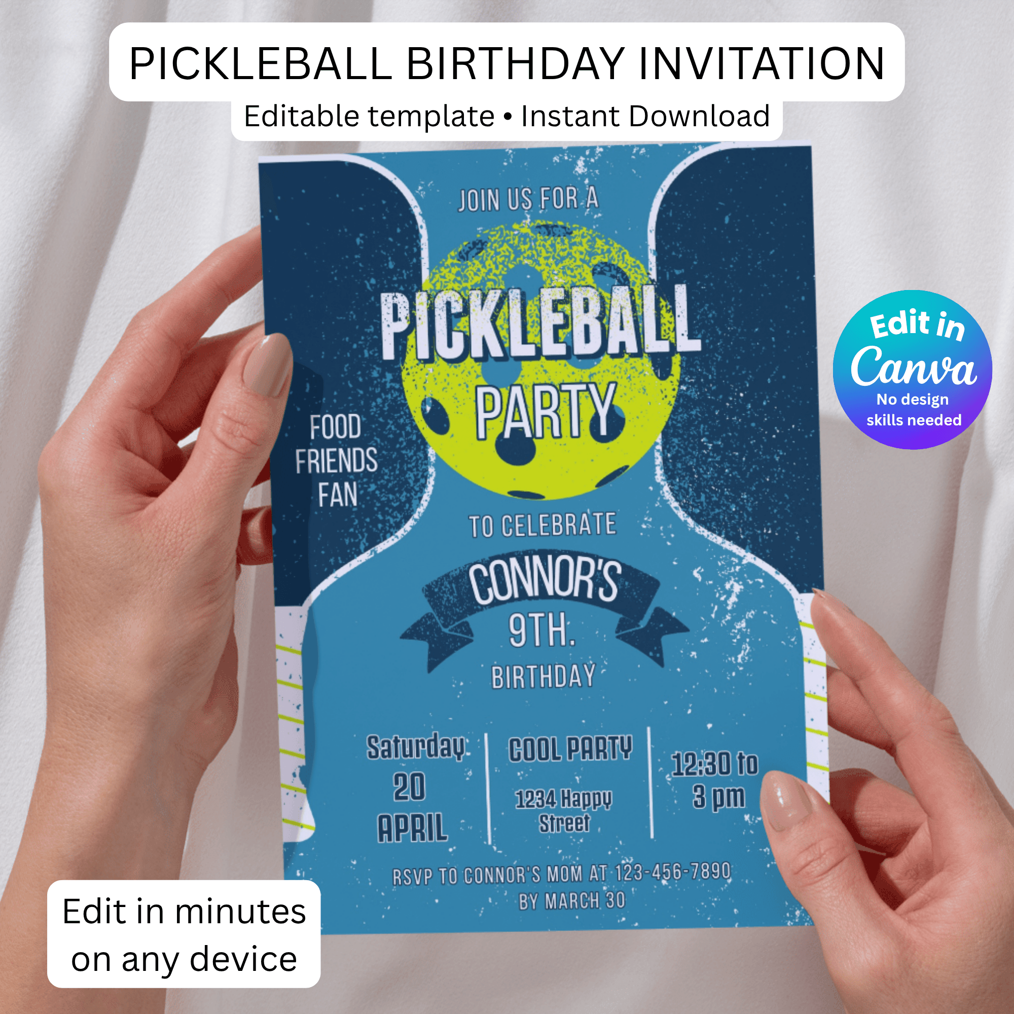 Pickleball Birthday Invitation Template Editable in Canva