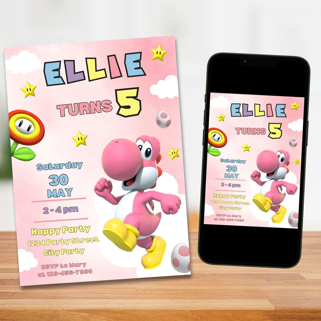 Yoshi Birthday Invitation | Pink & Green Yoshi | 2 Designs | Editable Canva Template | Instant Download