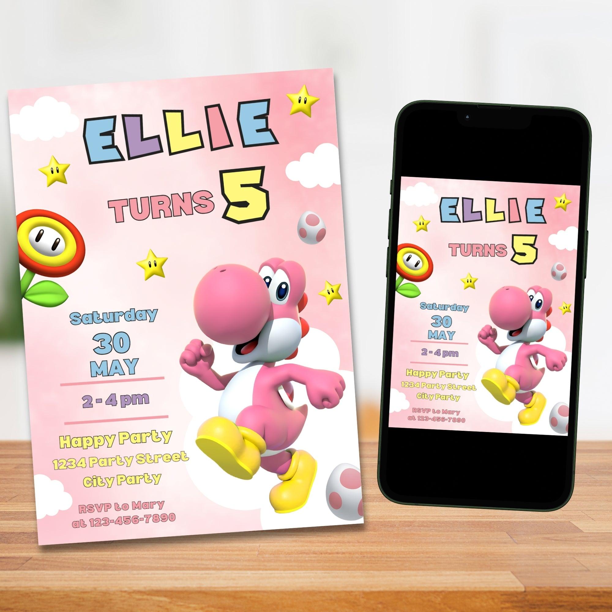 Yoshi Birthday Invitation | Pink & Green Yoshi | 2 Designs | Editable Canva Template | Instant Download