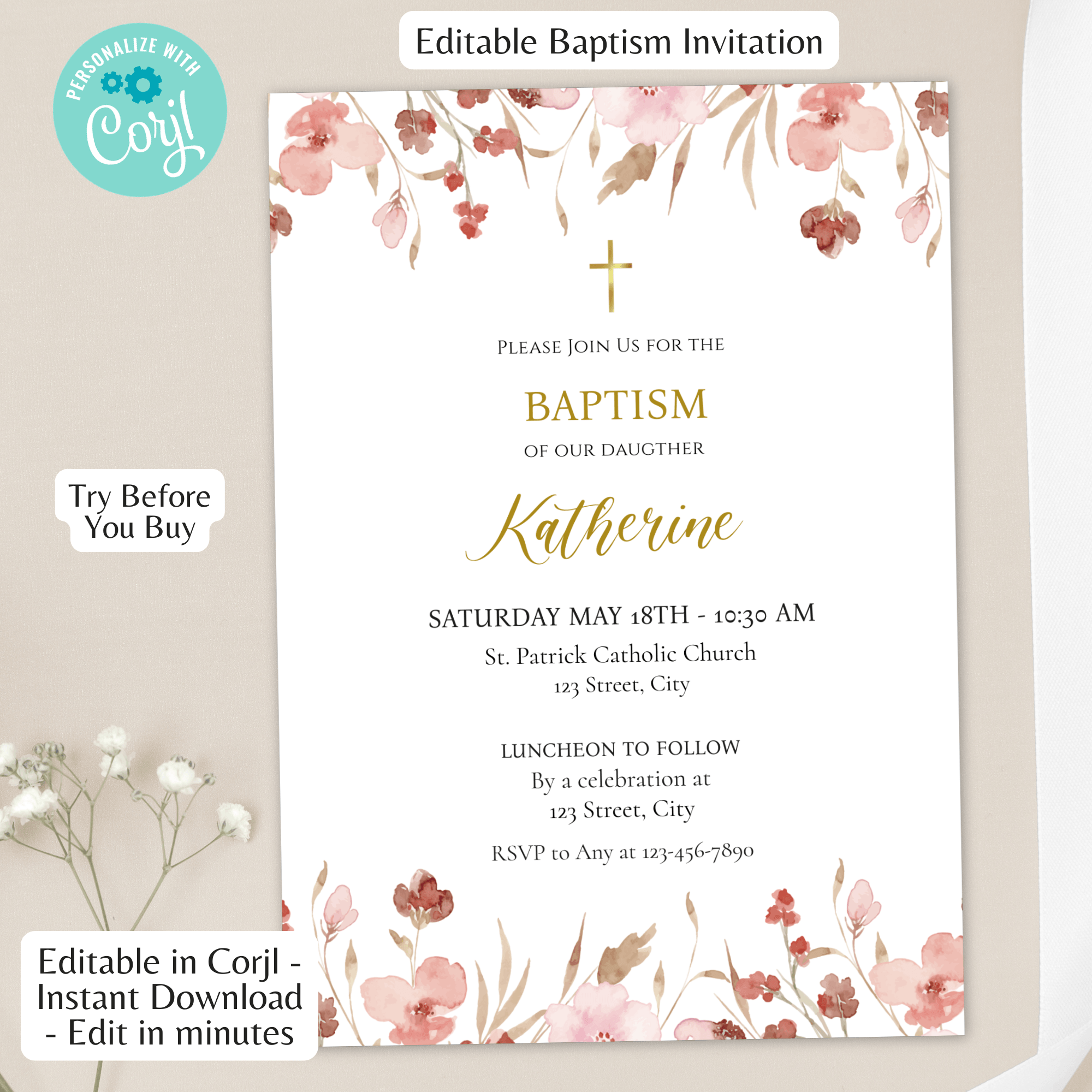 Girl Baptism Invitation | Pink Floral | Editable Corjl Template | Printable Christening Invite | Instant Download