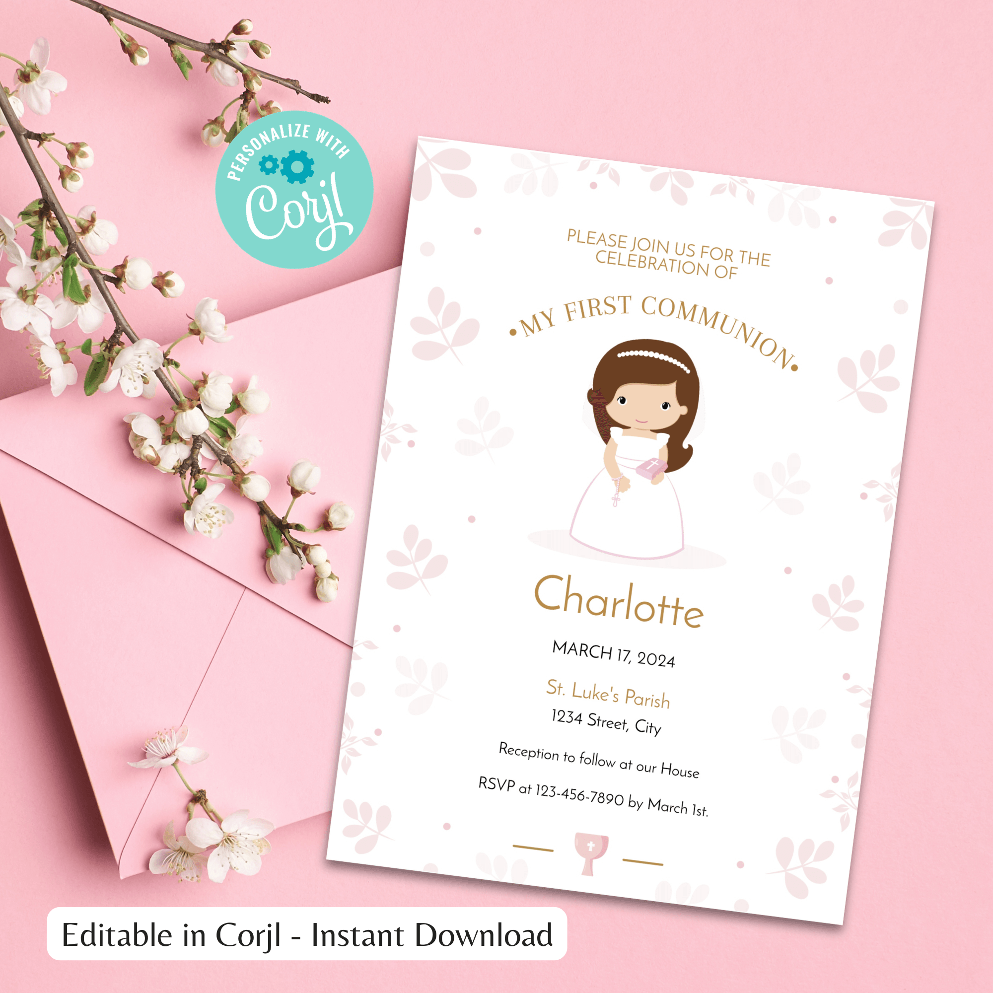 First Holy Communion Invitation Girl Editable Template - Pink Floral Design