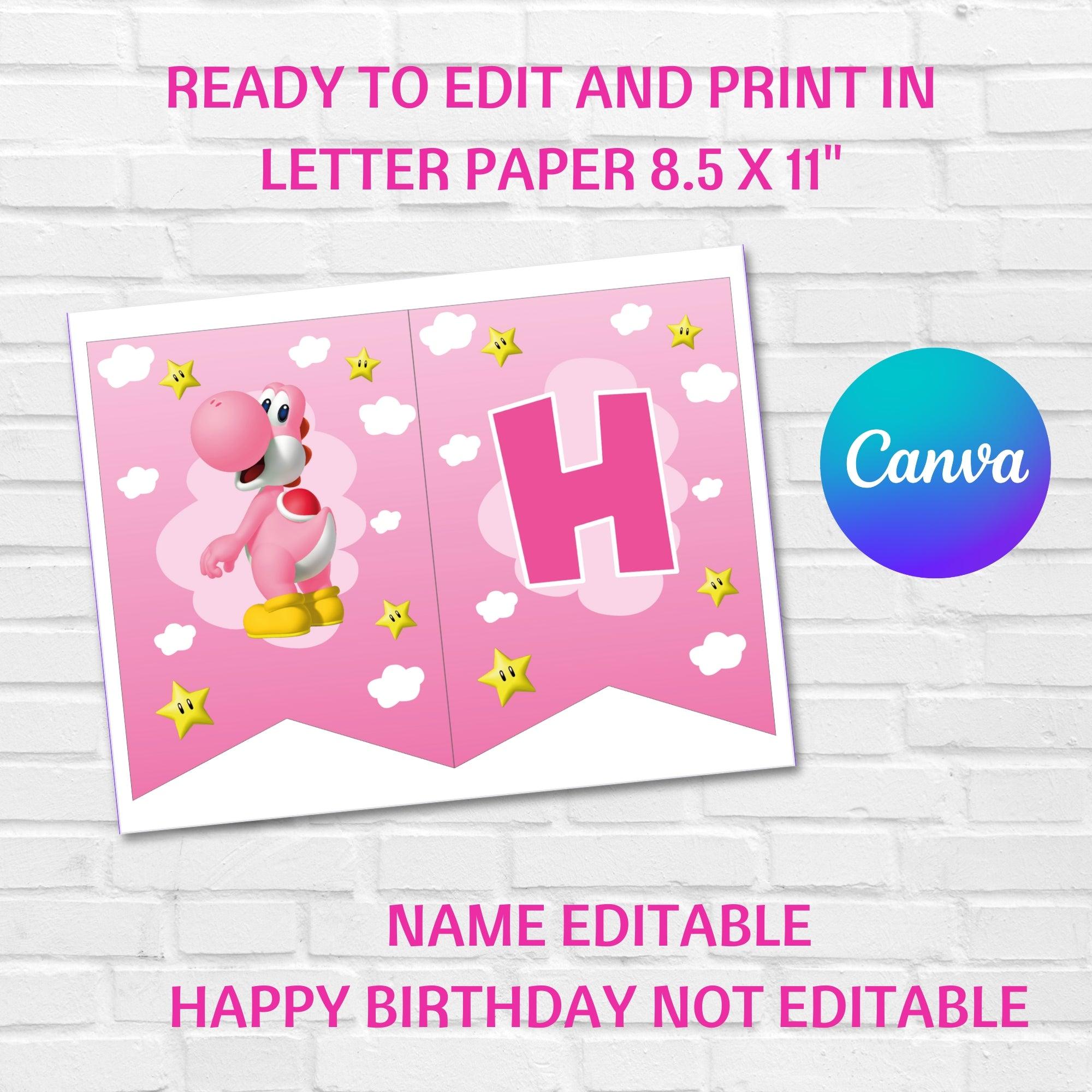 Pink Yoshi Birthday Banner Editable Template – Super Mario Party Banner – Canva Instant Download Printable