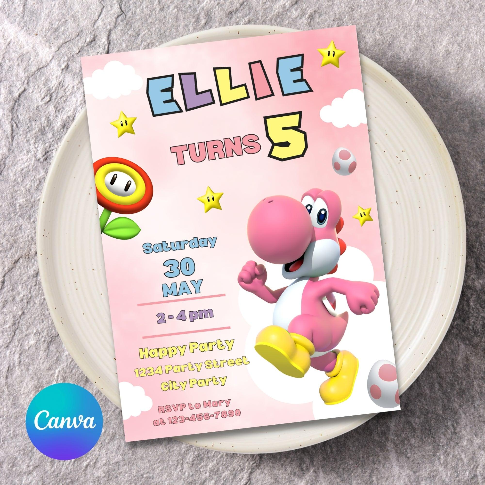 Yoshi Birthday Invitation | Pink & Green Yoshi | 2 Designs | Editable Canva Template | Instant Download