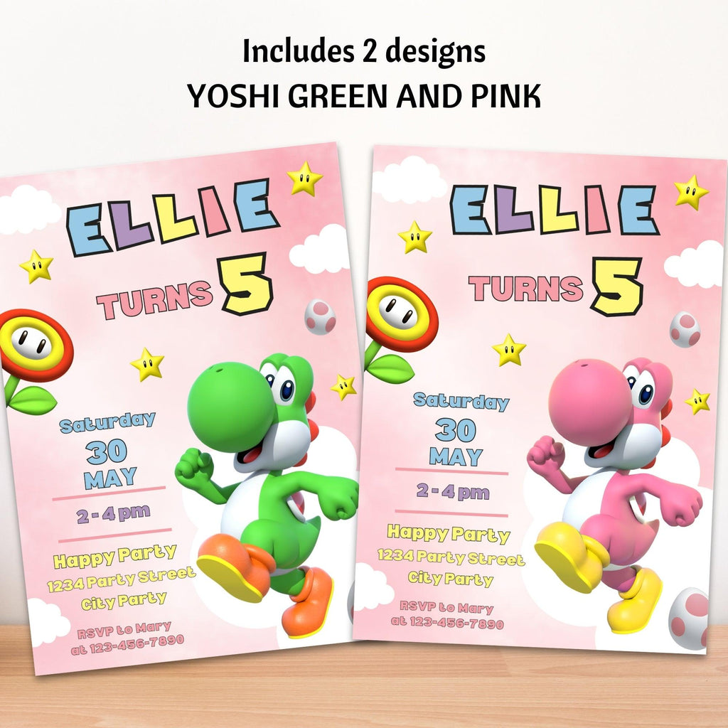 Yoshi Birthday Invitation | Pink & Green Yoshi | 2 Designs | Editable Canva Template | Instant Download