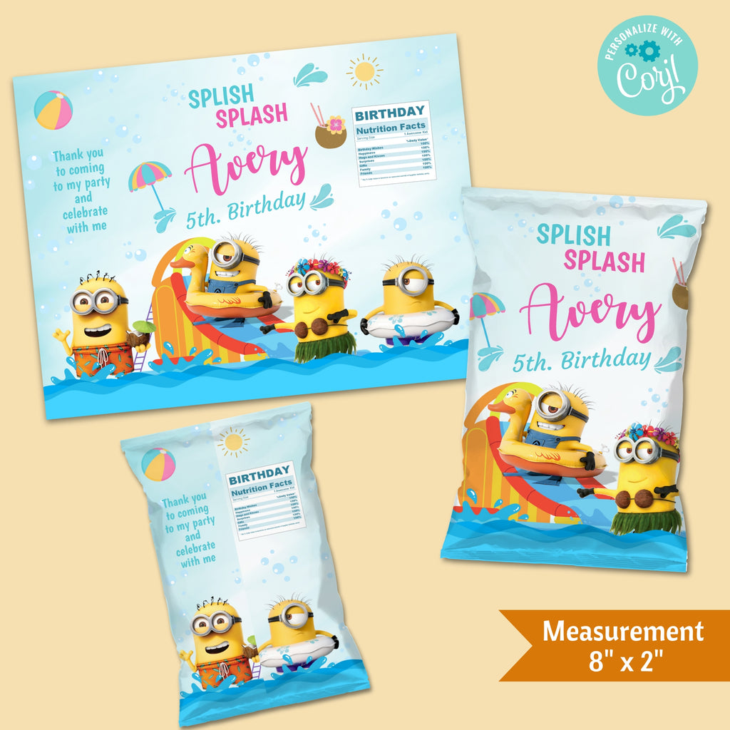 Minions Pool Party Editable Chip Bag — Splish Splash Birthday Favor Bag | Corjl Template