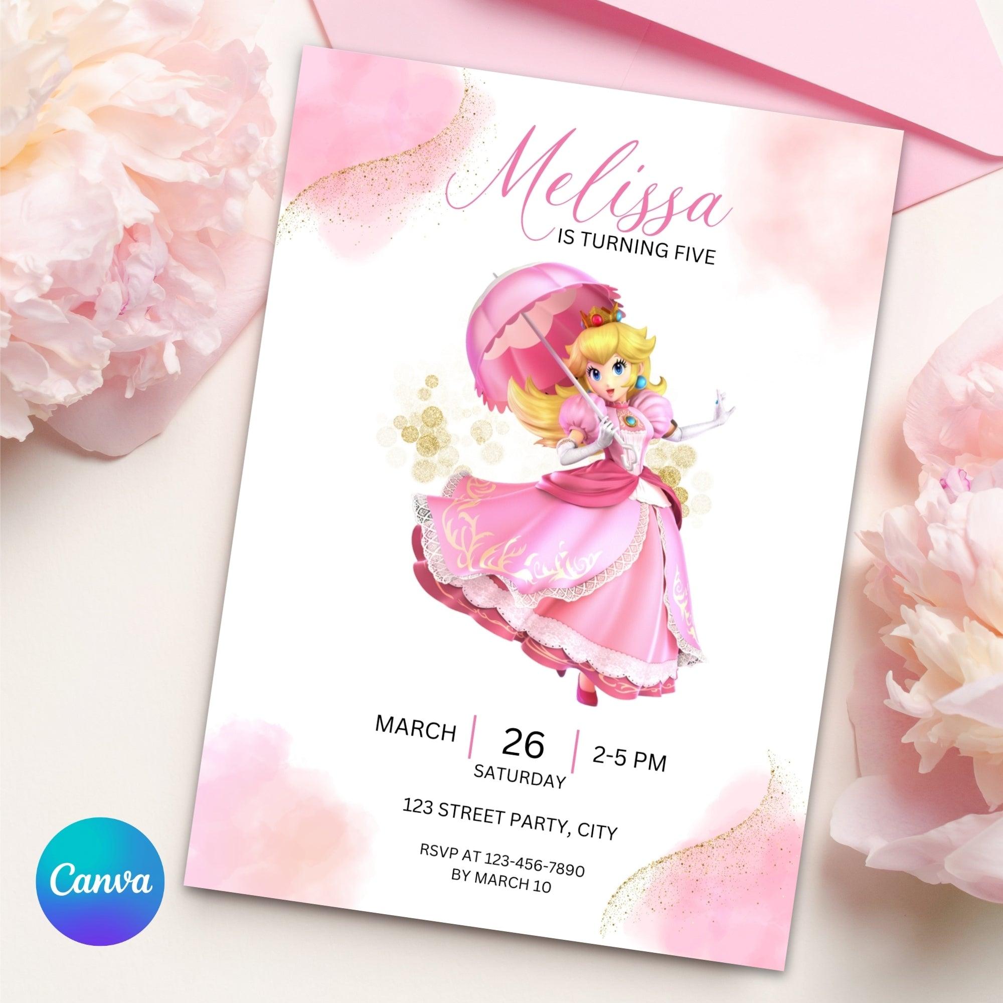 Princess Peach Birthday Invitation Editable Template - Nintendo Princess Party Invite Digital Download
