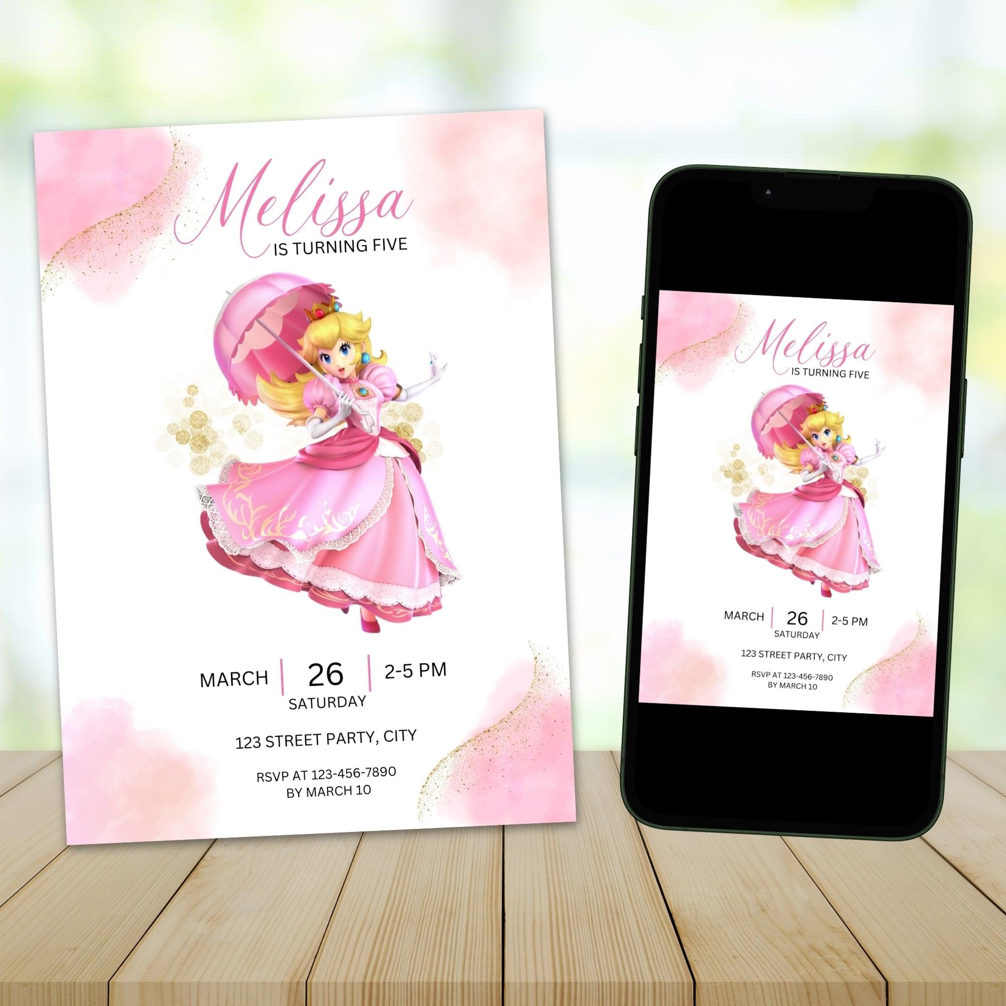 Princess Peach Birthday Invitation Editable Template - Nintendo Princess Party Invite Digital Download