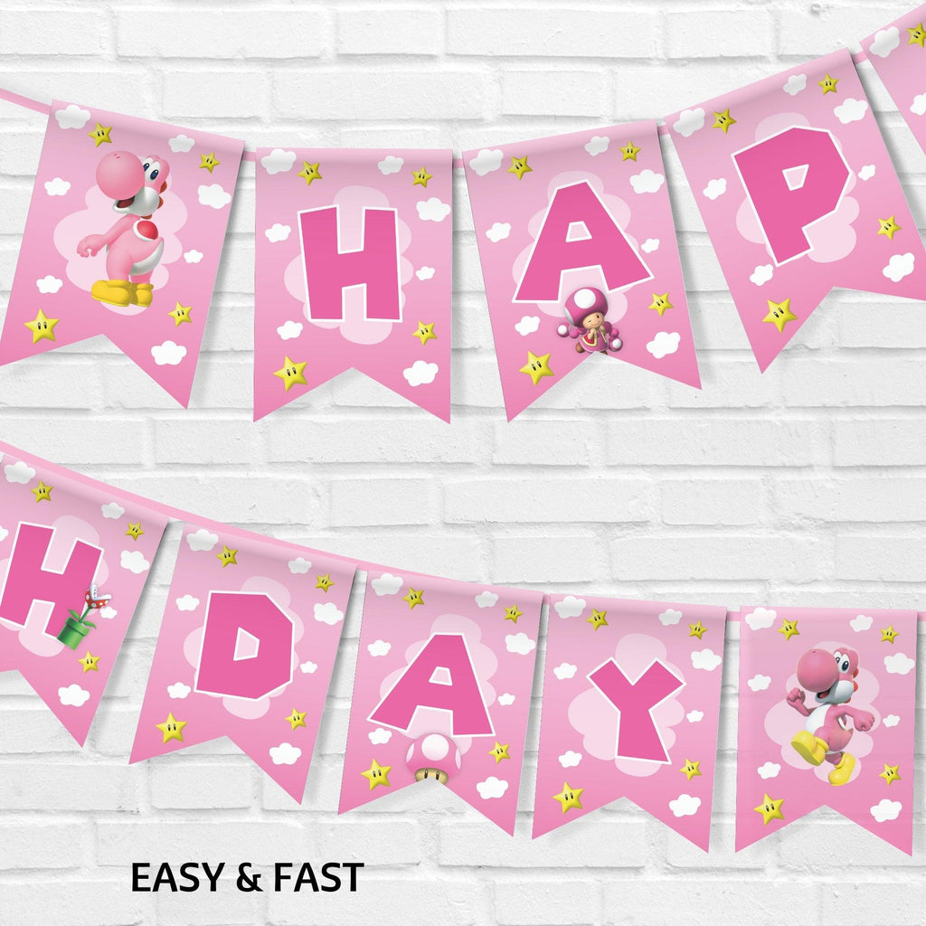 Pink Yoshi Birthday Banner Editable Template – Super Mario Party Banner – Canva Instant Download Printable