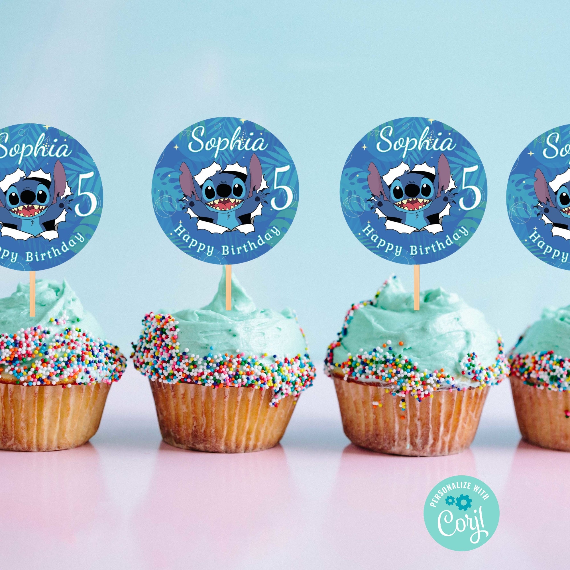Stitch Cupcake Toppers, Stickers & Favor Tags | Editable Corjl Template | Instant Download