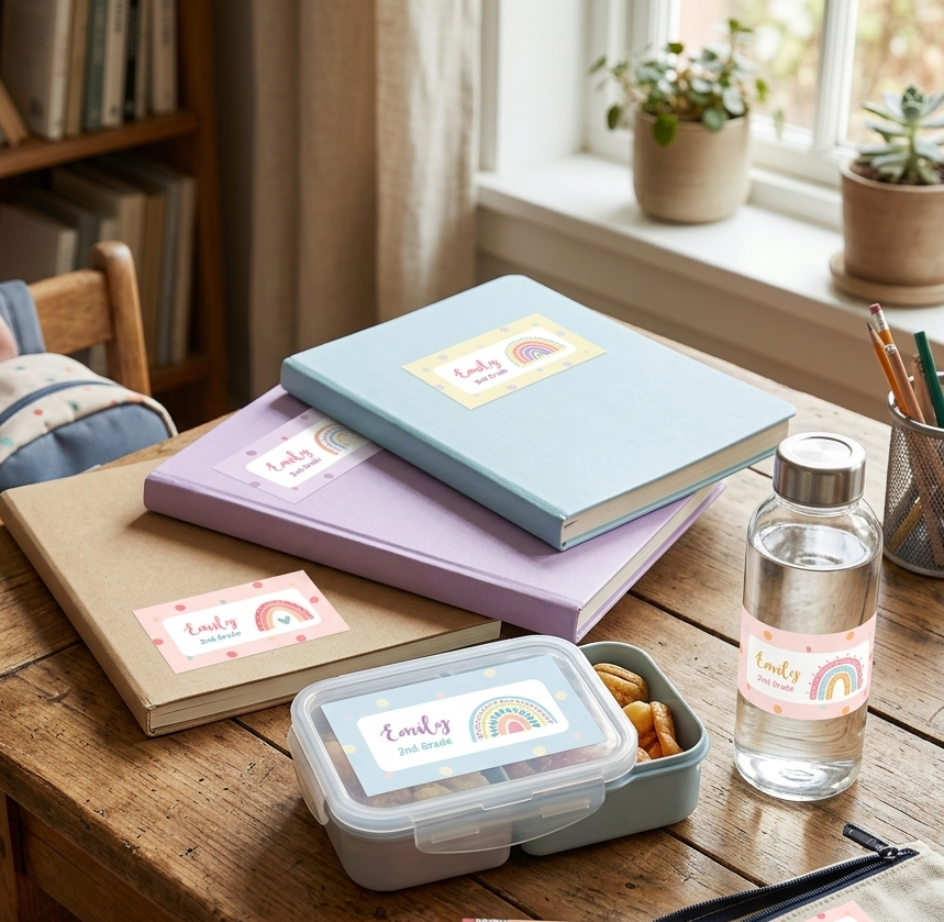 Etiquetas imprimibles de arcoíris, etiquetas preescolares, etiquetas personalizadas para niños, etiquetas con nombres para niños, pegatinas para útiles escolares, etiquetas con nombres para escuelas