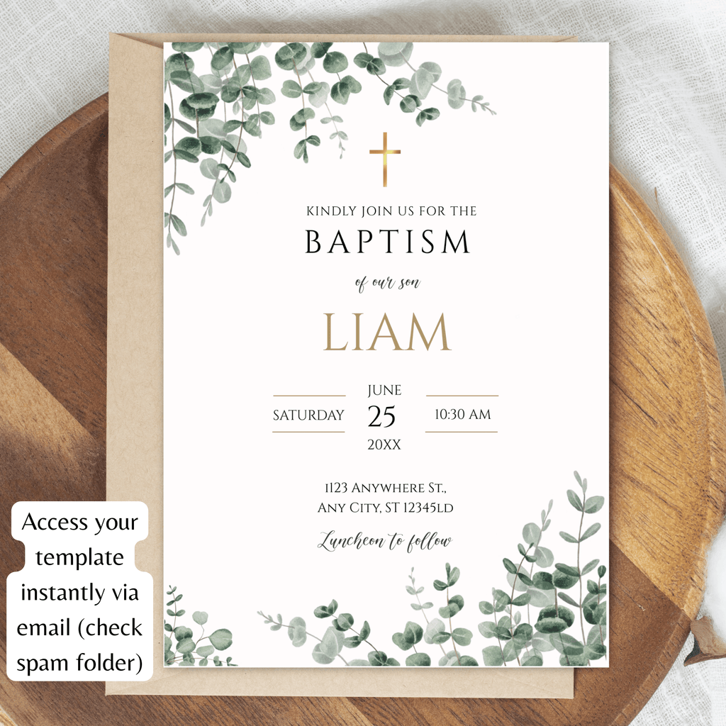 Boy Baptism Invitation | Greenery Eucalyptus & Gold Cross | Editable Corjl Template | Instant Download