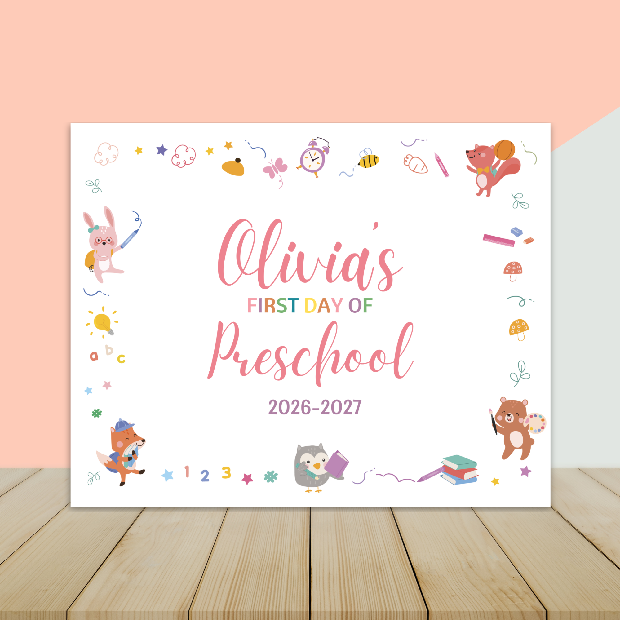 First Day of School Sign | Preschool Kindergarten Photo Prop | 3 Sizes | Editable Canva Template | Instant Download