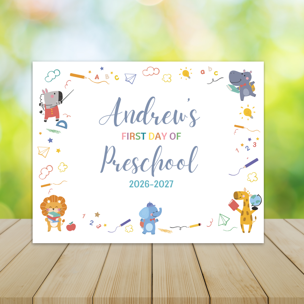 First Day of Preschool Sign | Cute Animals Back to School Photo Prop | 3 Sizes | Editable Canva Template | Instant Download
