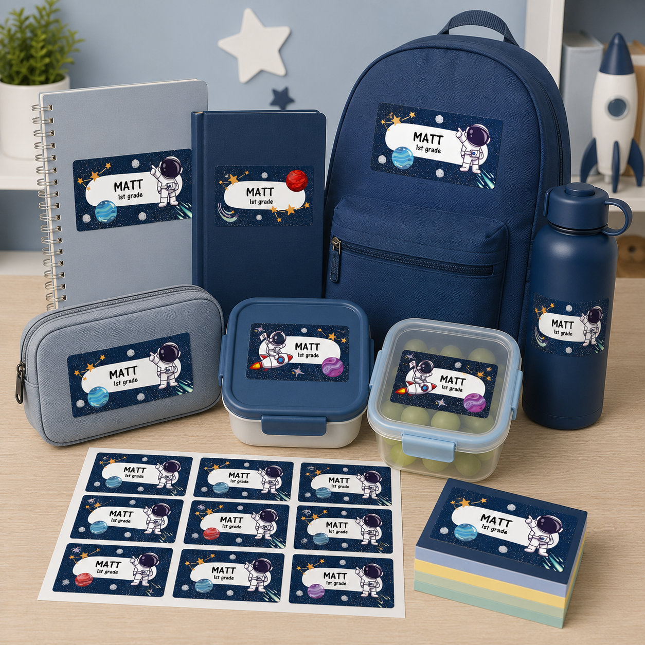 Space Astronaut School Name Labels | Kids Supply Stickers | 5 Designs | Editable Corjl Template | Instant Download