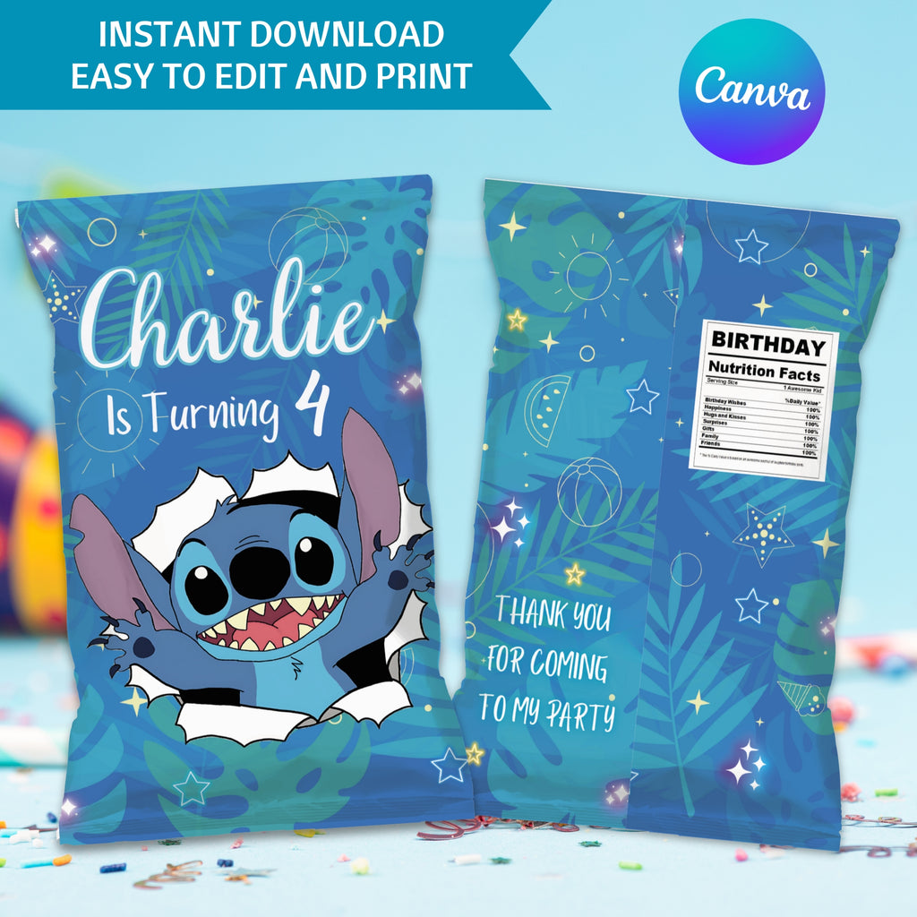 Stitch Birthday Party Pack | Invitation, Welcome Sign & Chip Bag | 3 Pieces | Editable Canva Template | Instant Download