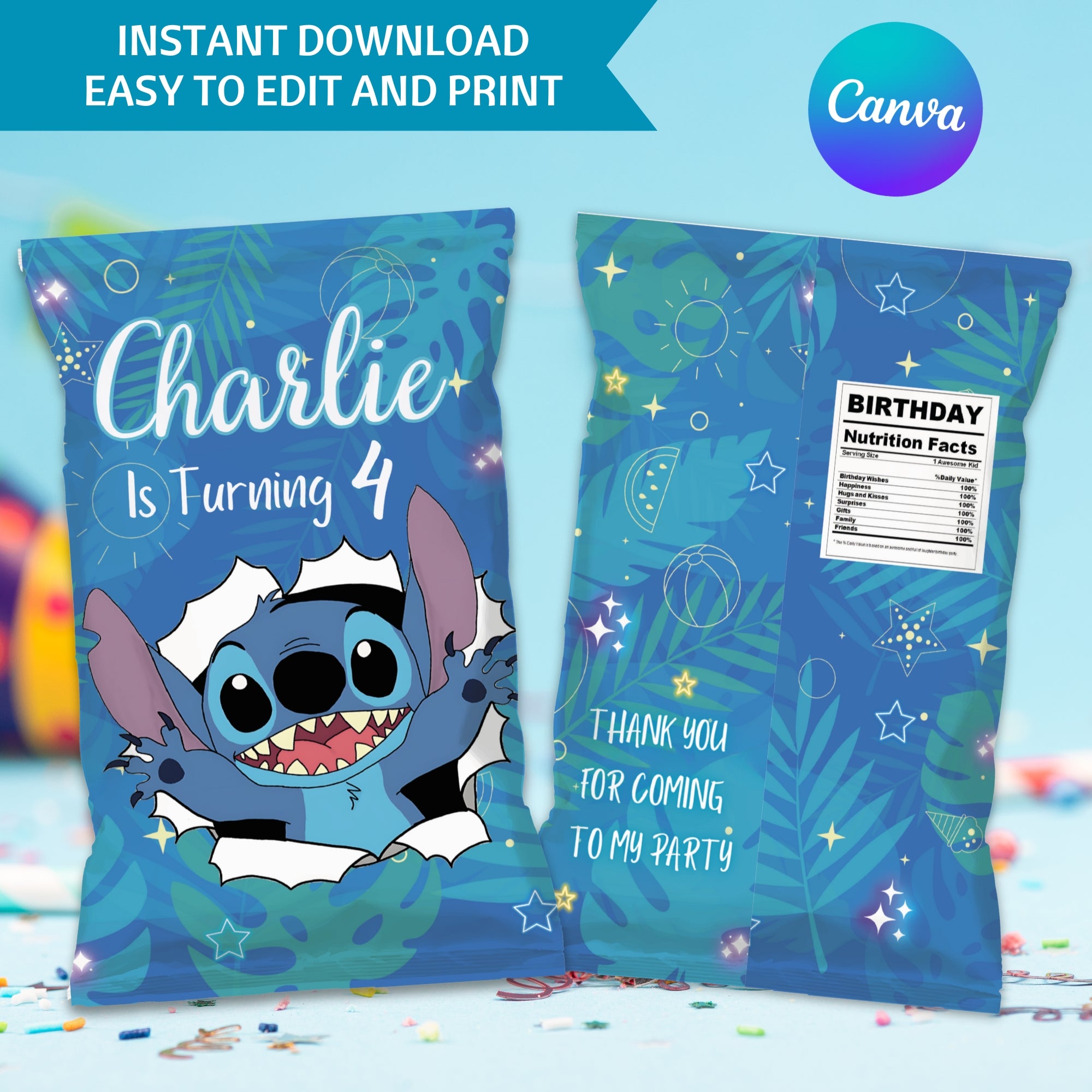 Stitch Birthday Party Pack | Invitation, Welcome Sign & Chip Bag | 3 Pieces | Editable Canva Template | Instant Download