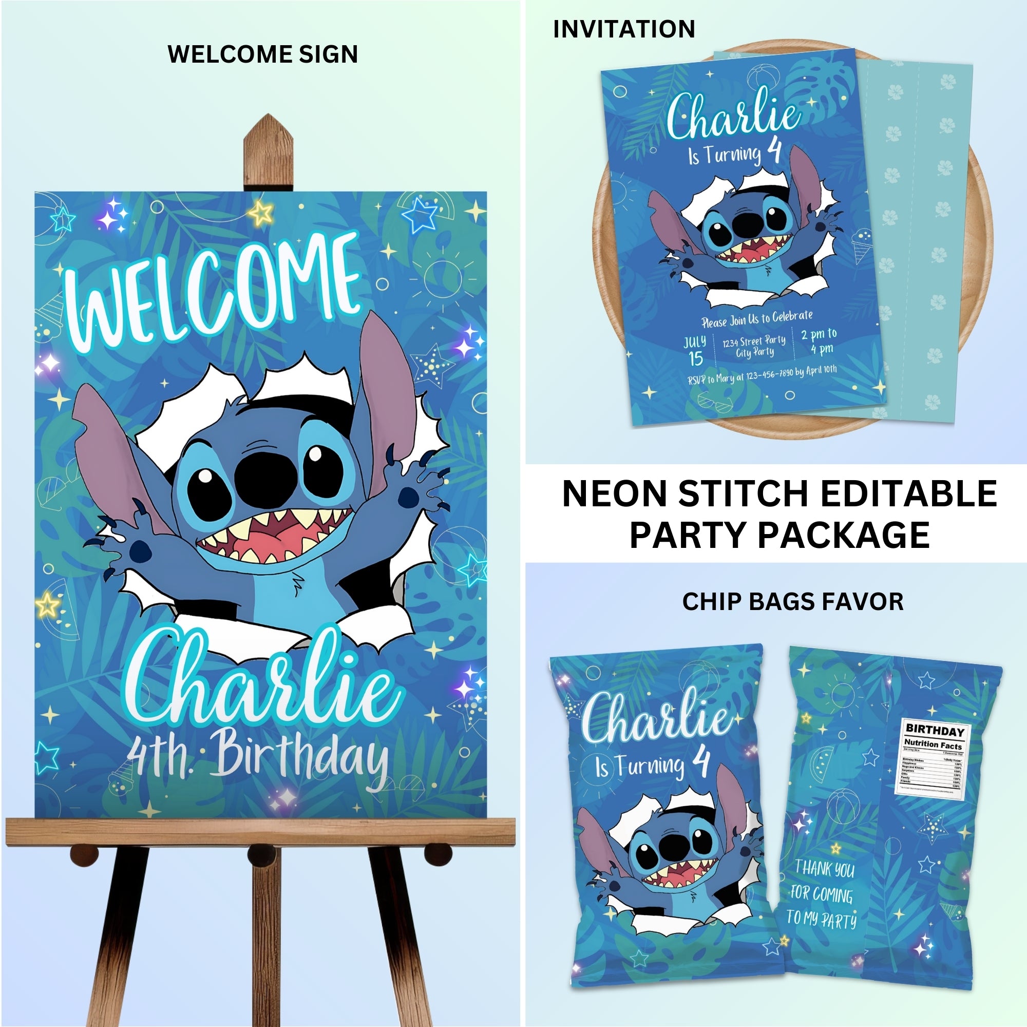 Stitch Birthday Party Pack | Invitation, Welcome Sign & Chip Bag | 3 Pieces | Editable Canva Template | Instant Download