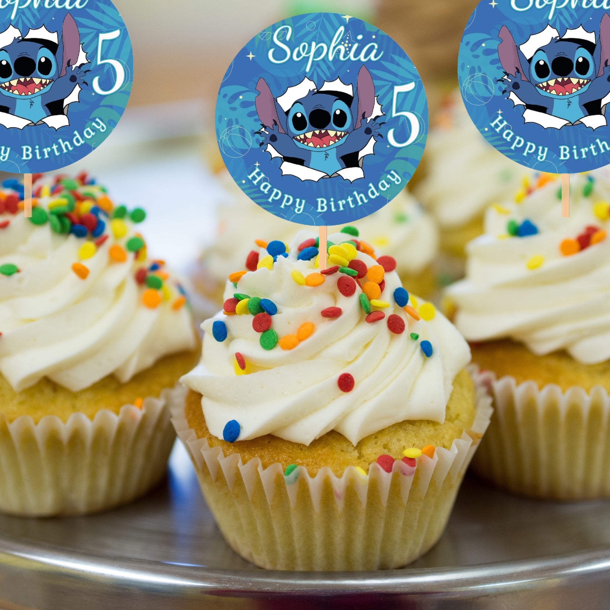 Stitch Cupcake Toppers, Stickers & Favor Tags | Editable Corjl Template | Instant Download