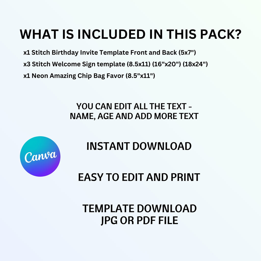 Stitch Birthday Party Pack | Invitation, Welcome Sign & Chip Bag | 3 Pieces | Editable Canva Template | Instant Download