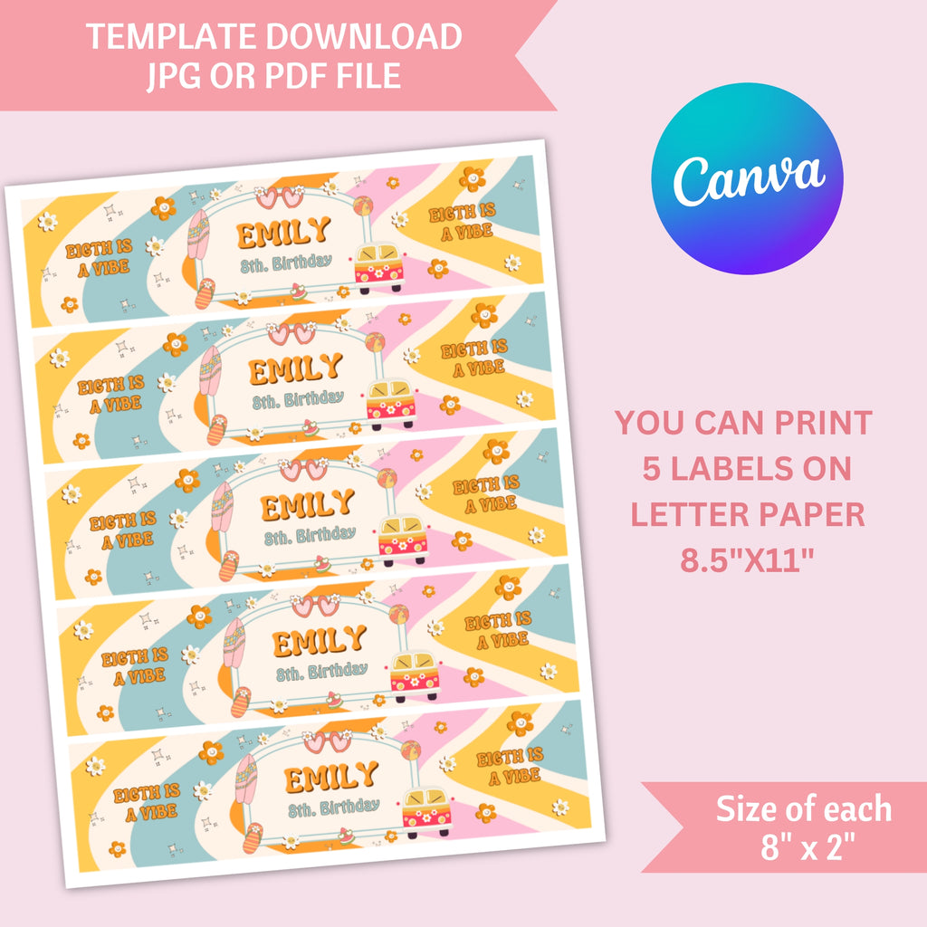 Eight is a Vibe Birthday Bundle | Groovy Girl Retro Party Kit | 15 Pieces | Editable Canva Template | Instant Download
