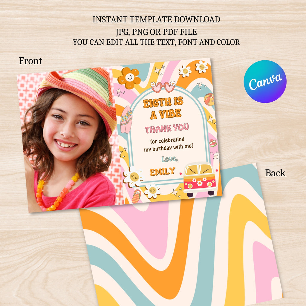 Eight is a Vibe Birthday Bundle | Groovy Girl Retro Party Kit | 15 Pieces | Editable Canva Template | Instant Download