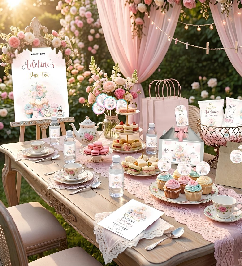 Tea Party Birthday Bundle | Girls Pink Floral Party Kit | 13 Pieces | Editable Corjl Template | Instant Download