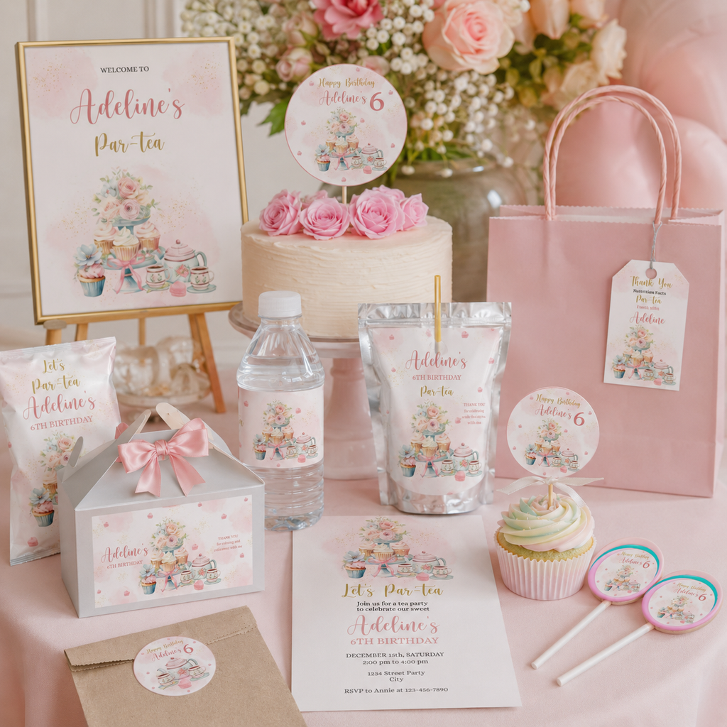 Tea Party Birthday Bundle | Girls Pink Floral Party Kit | 13 Pieces | Editable Corjl Template | Instant Download